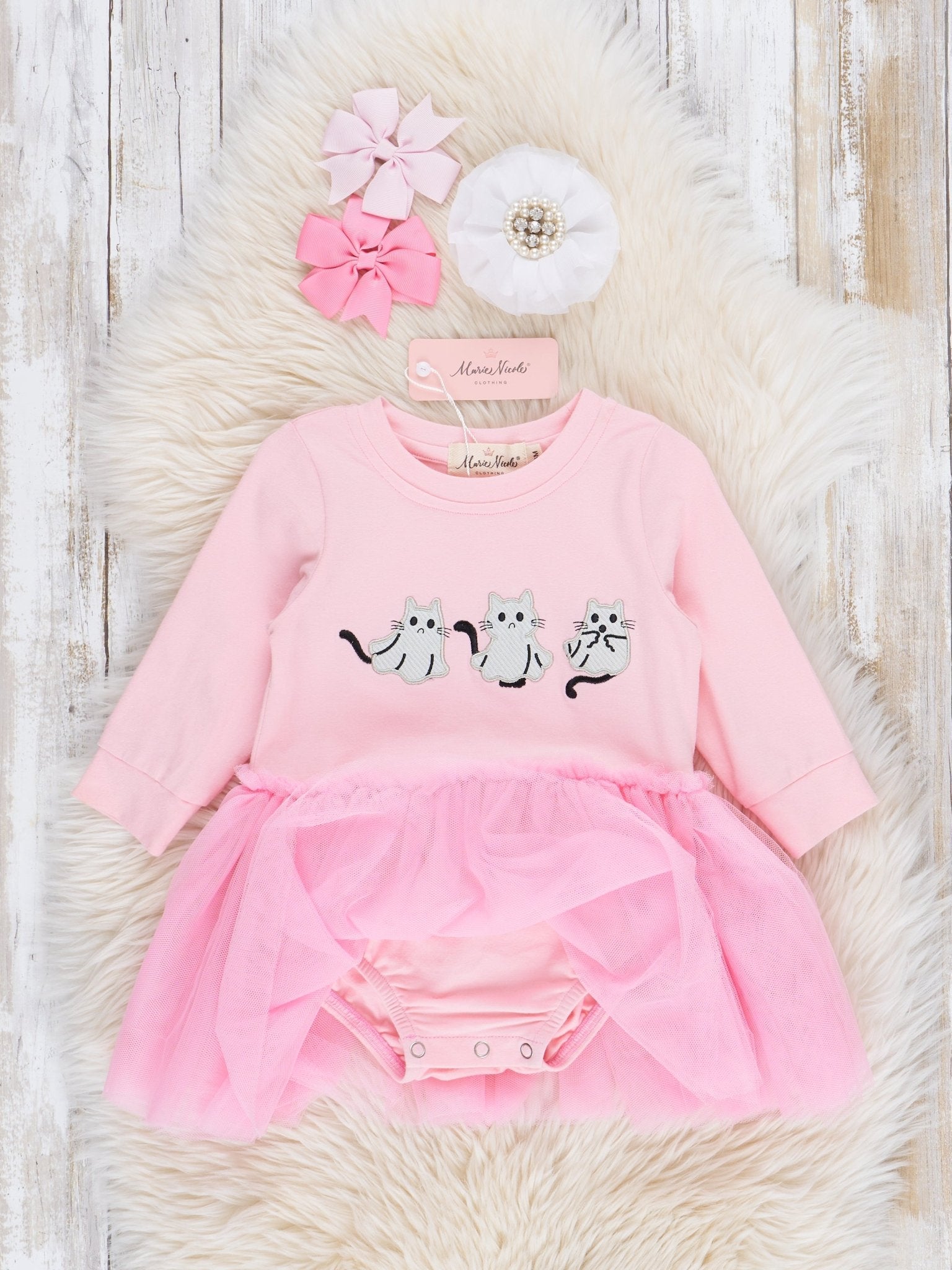 Pink Embroidered Kitties Tulle Bubble Romper - Marie Nicole Clothing