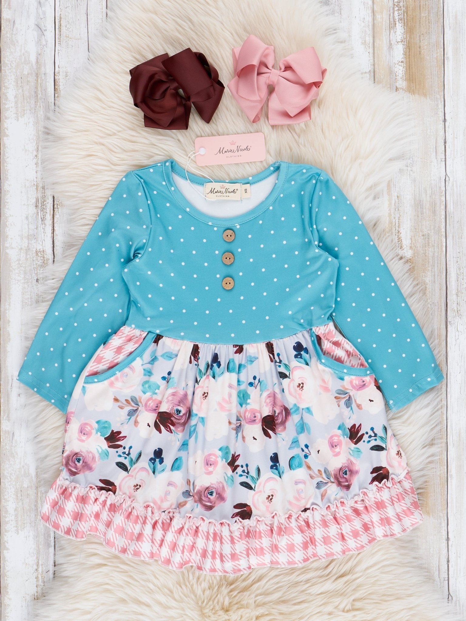 Turquoise Blossoms Ruffle Dress - Marie Nicole Clothing