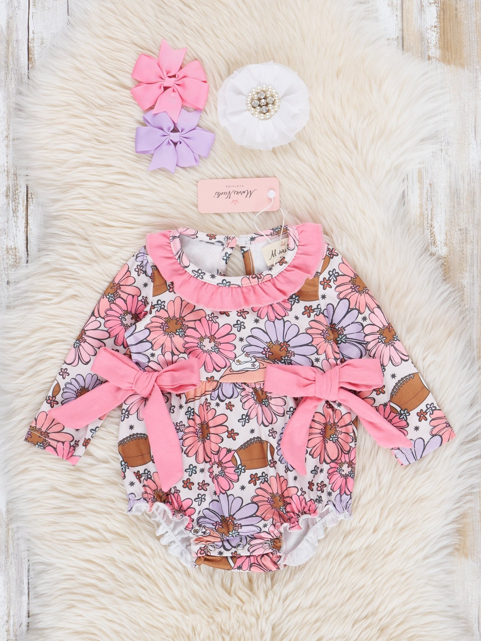 Pink Marigolds & Football Ruffle Bubble Romper - Marie Nicole Clothing