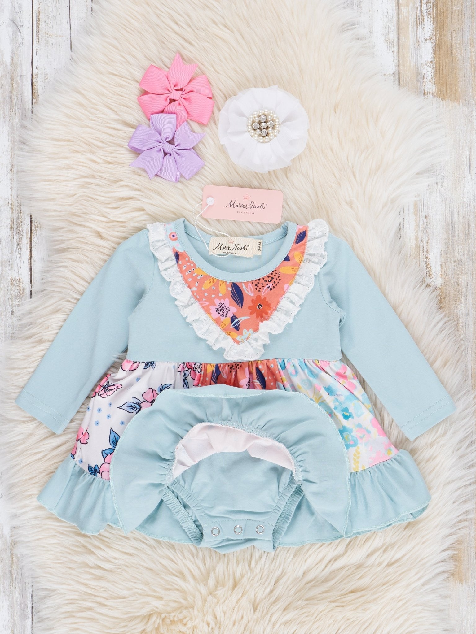 Teal & Orange Blossoms Ruffle Bubble Romper - Marie Nicole Clothing