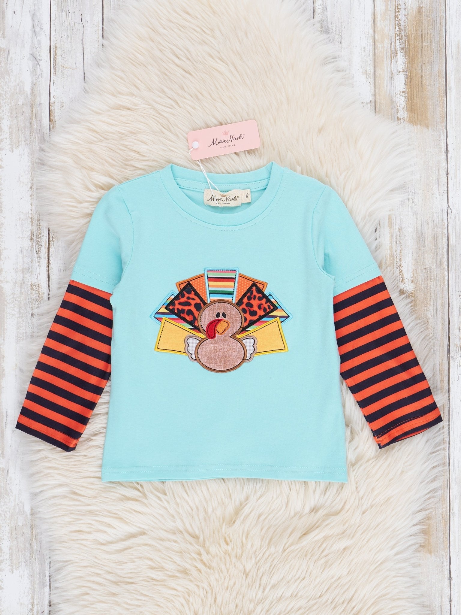 Aqua Embroidered Turkey Striped Raglan Shirt - Marie Nicole Clothing