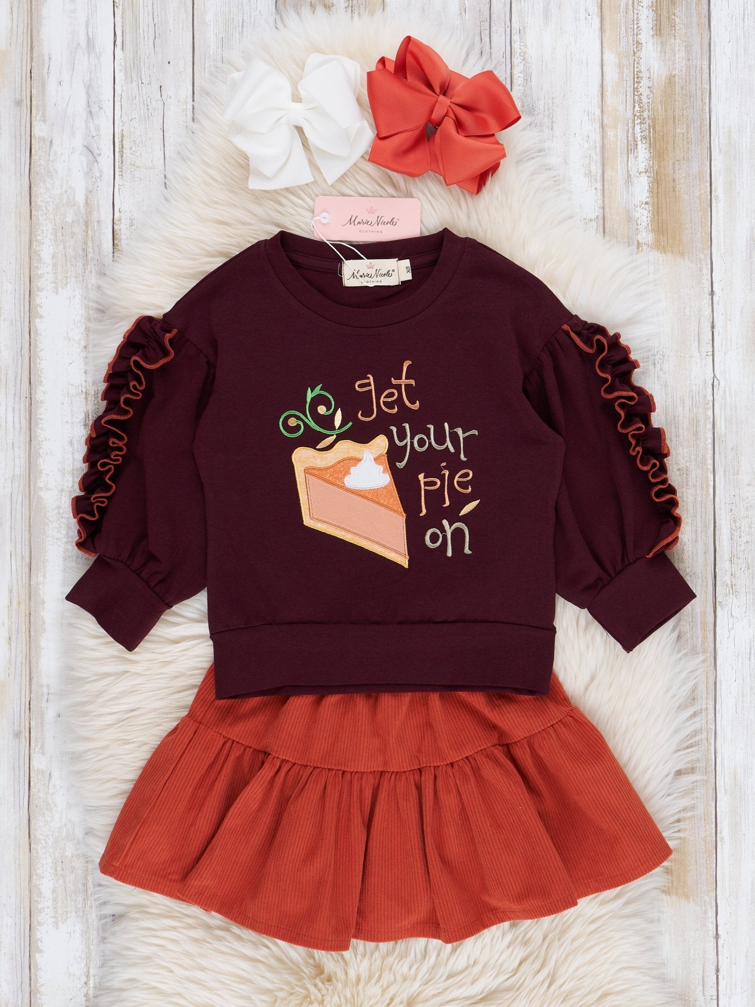 Pumpkin Pie Ruffle Outfit w/ Suede Skirt - Marie Nicole Clothing