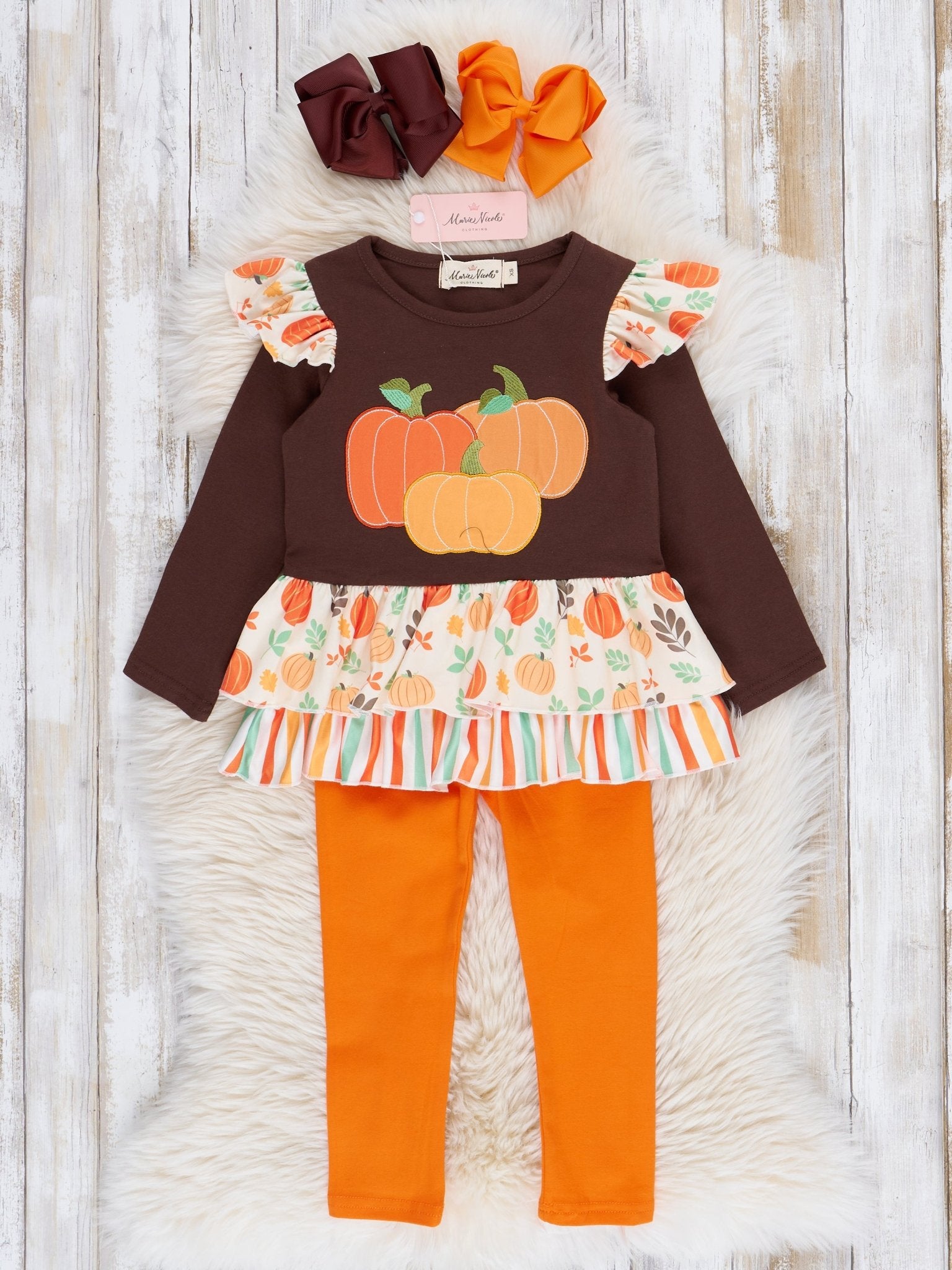 Brown & Orange Pumpkin Harvest Ruffle Outfit - Marie Nicole Clothing