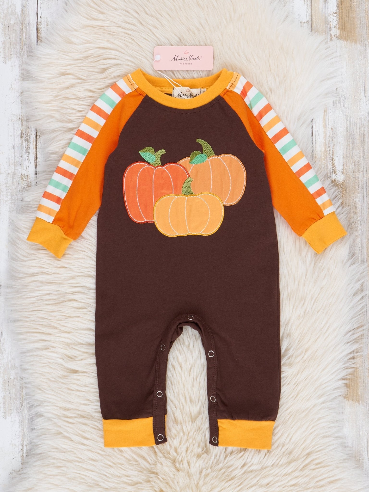 Brown & Orange Pumpkin Harvest Raglan Romper - Marie Nicole Clothing