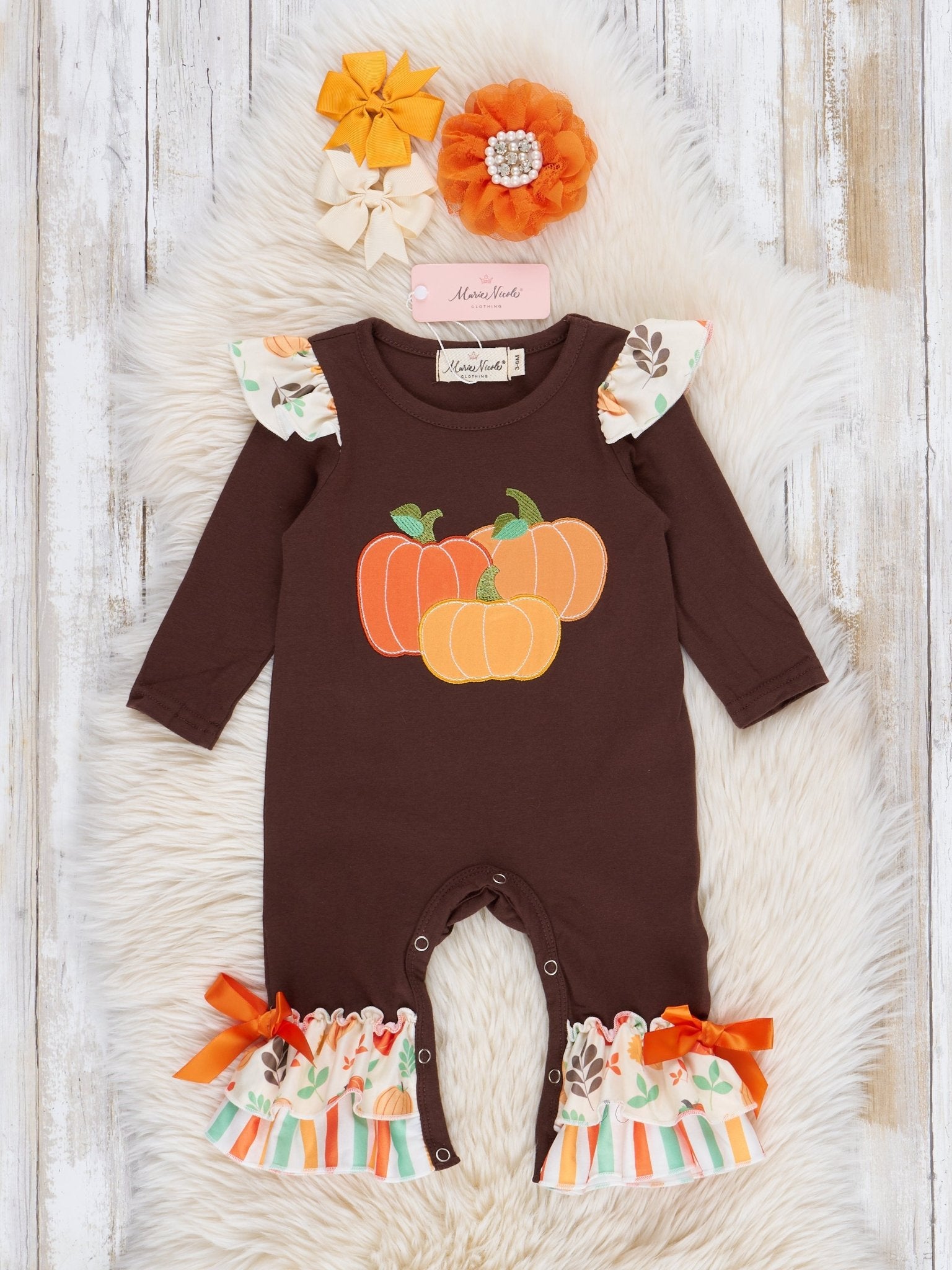 Brown & Orange Pumpkin Harvest Ruffle Romper - Marie Nicole Clothing