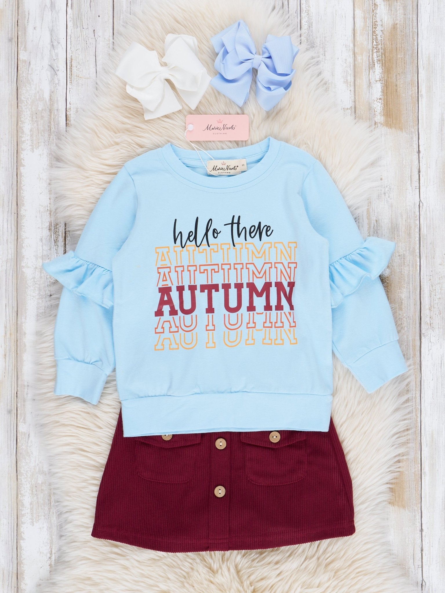Light Blue & Maroon Autumn Outfit w/ Skirt - Marie Nicole Clothing