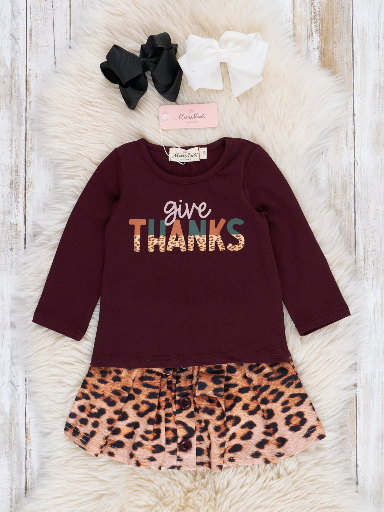 Leopard "Give Thanks" Outfit w/ Skirt - Marie Nicole Clothing