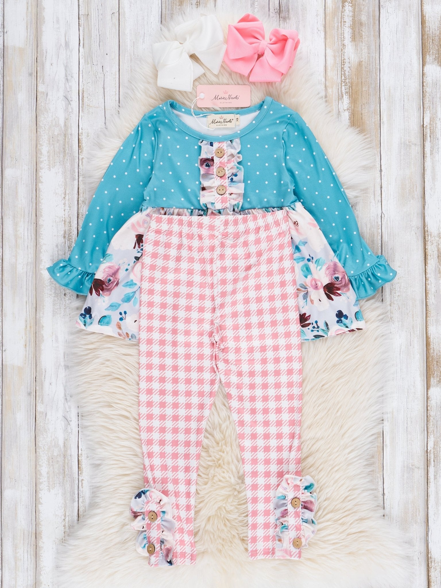 Turquoise Blossoms Ruffle Outfit - Marie Nicole Clothing