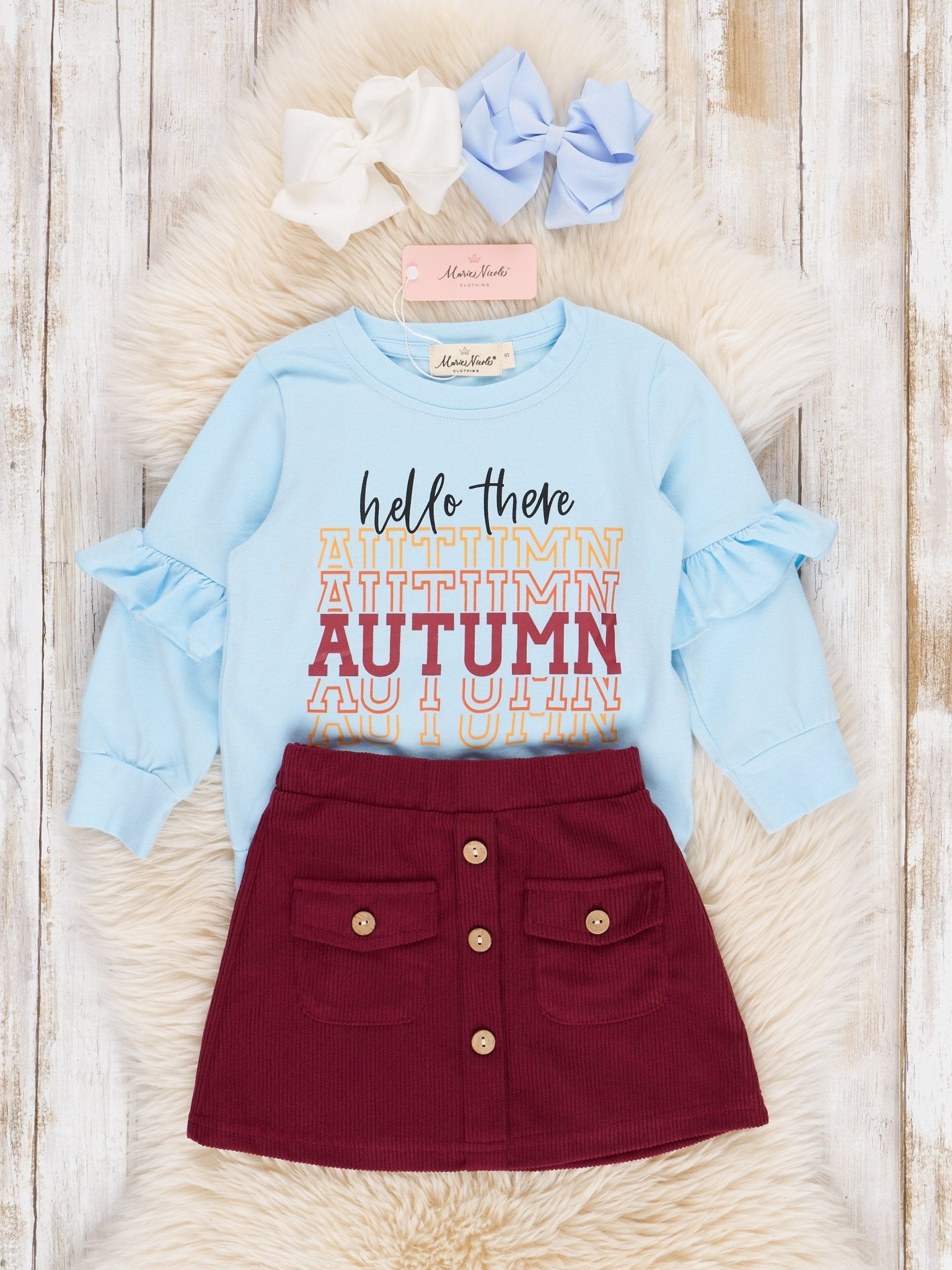 Light Blue & Maroon Autumn Outfit w/ Skirt - Marie Nicole Clothing