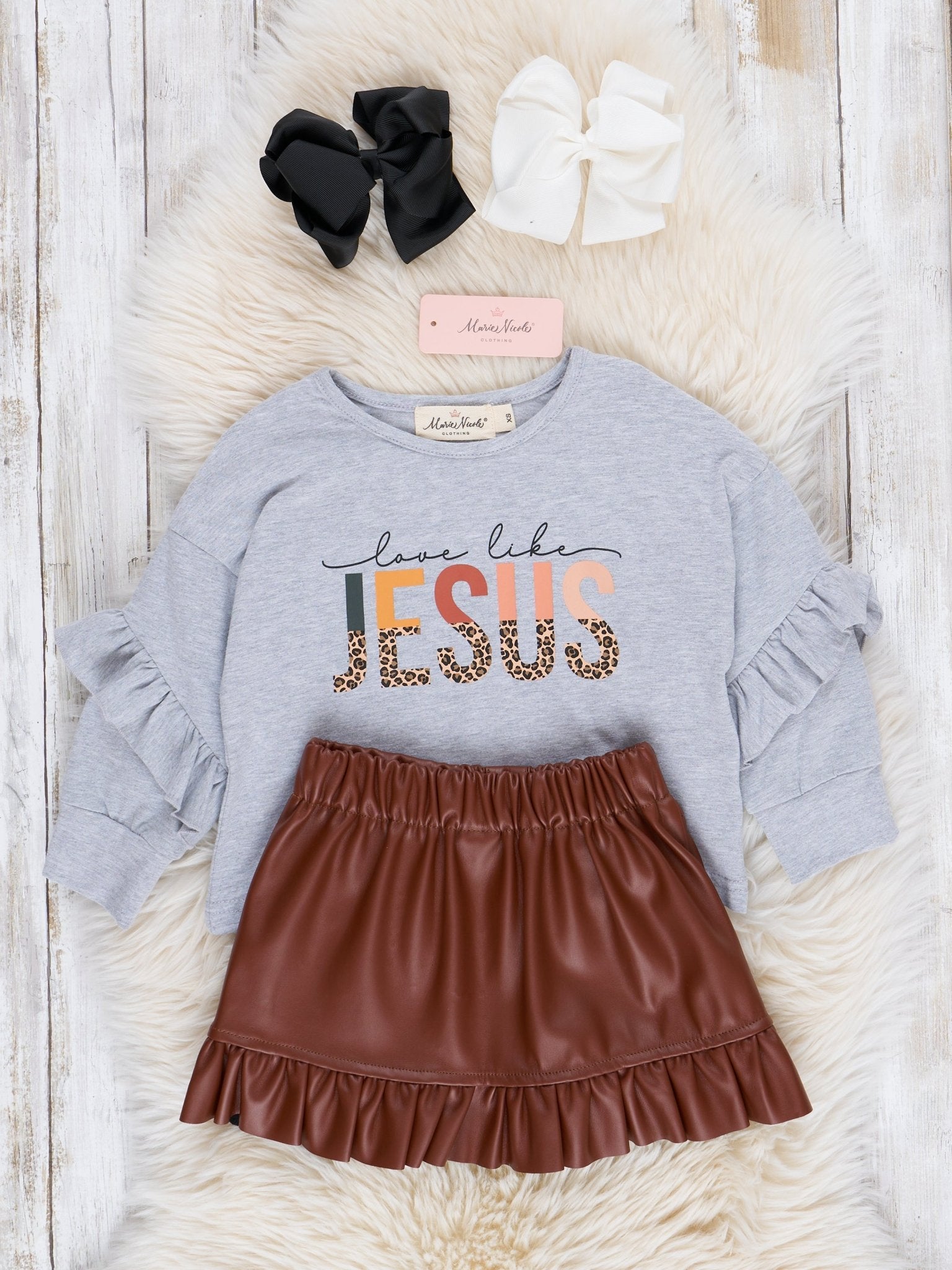 "Love Like Jesus" Outfit w/ Faux Leather Skirt - Marie Nicole Clothing