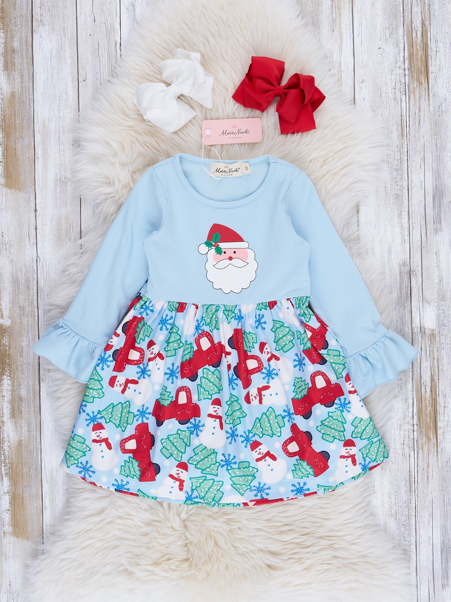 Light Blue Bell Sleeve Santa Swing Dress Marie Nicole Clothing Light Blue Bell Sleeve Santa Swing Dress Marie Nicole Clothing