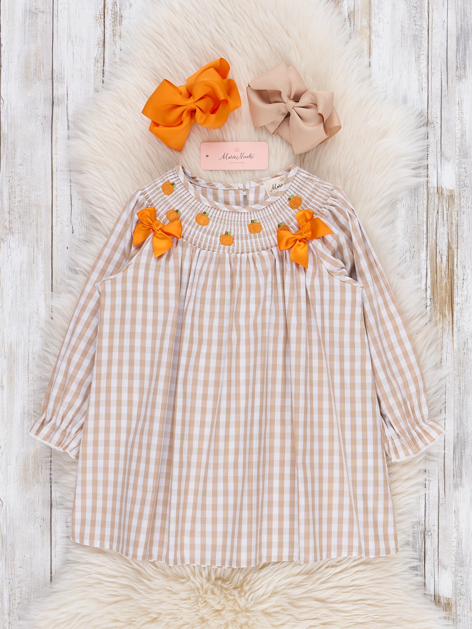 Embroidered Pumpkin Patch Gingham Smocked Dress