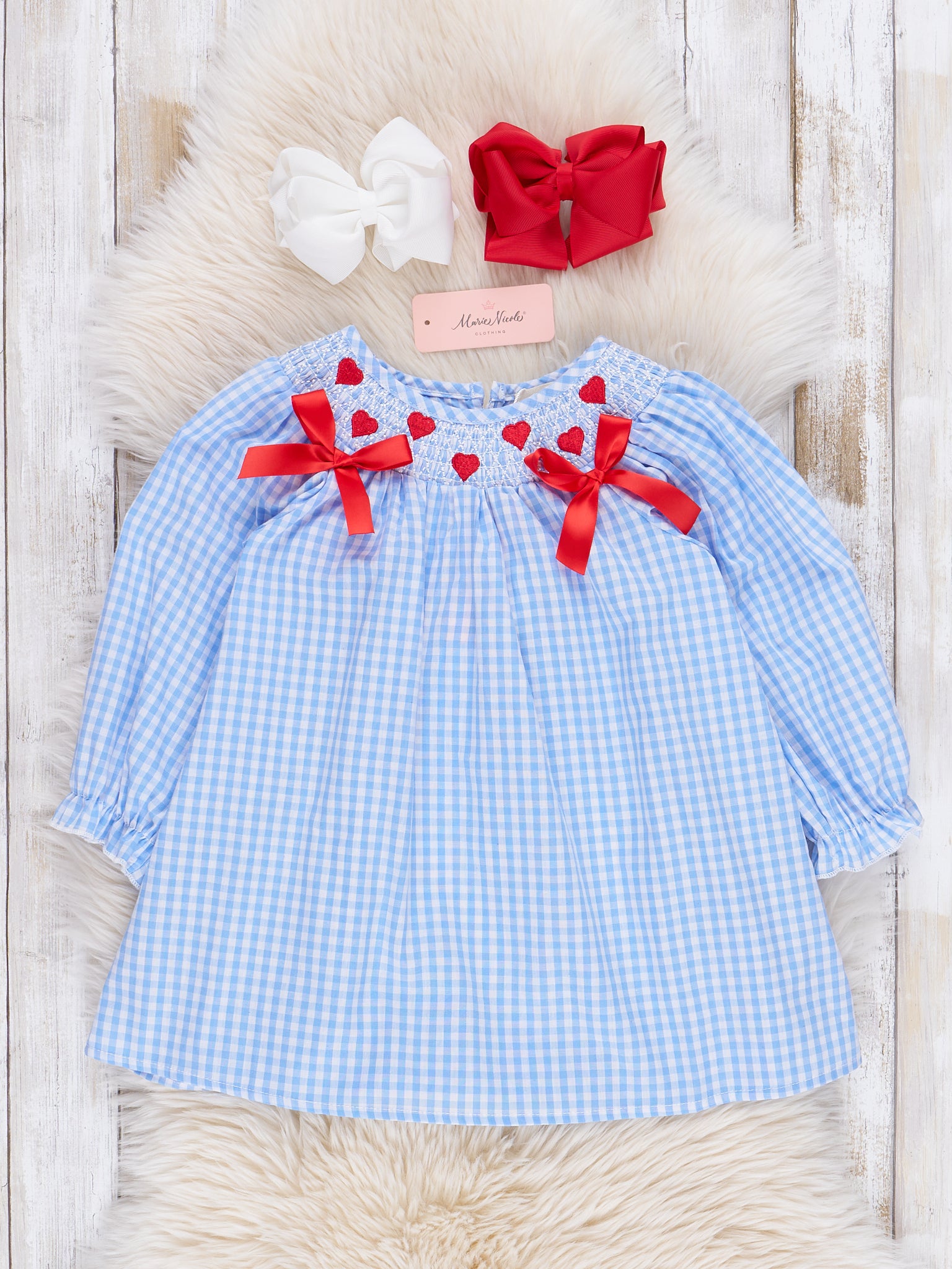 Blue Gingham Smocked Hearts Dress - Marie Nicole Clothing