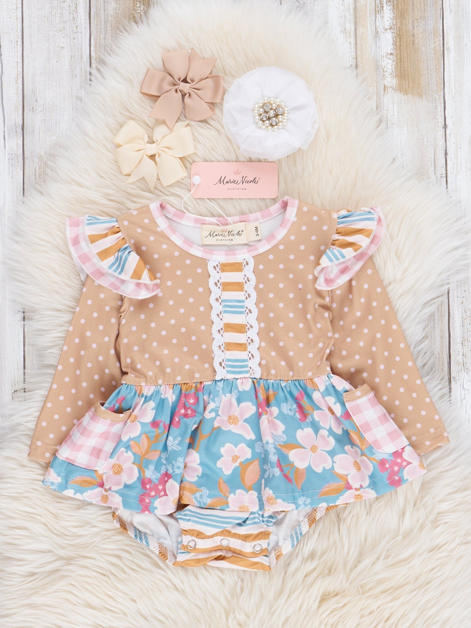 Long - Sleeved Mixed Print Ruffle Bubble Romper - Marie Nicole Clothing