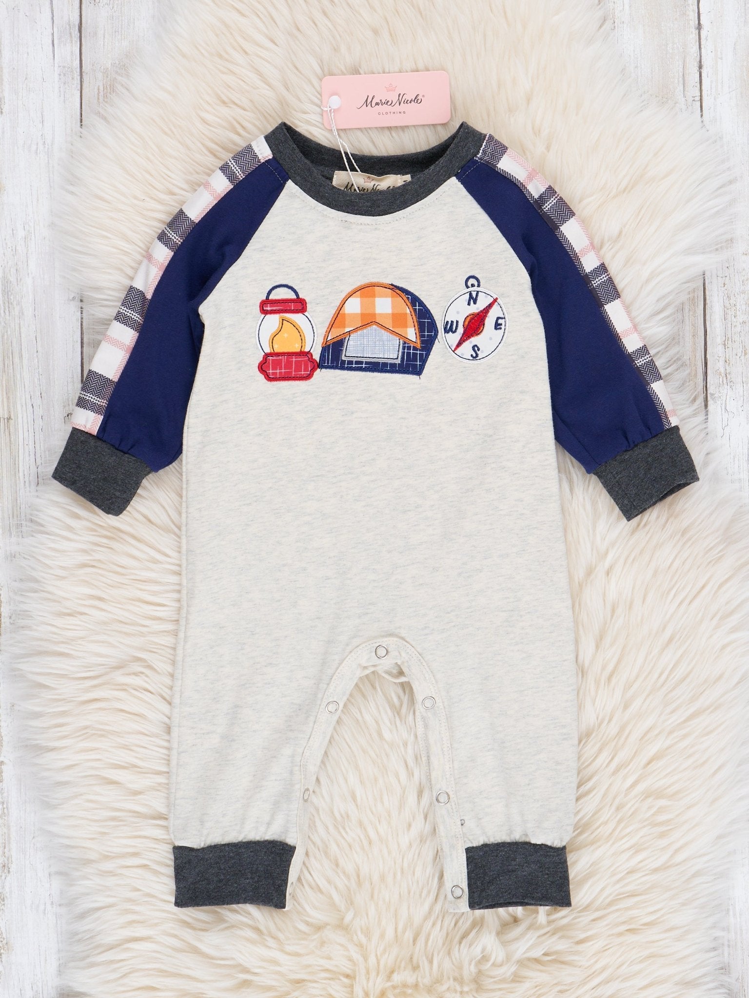 Heather Grey Embroidered Campfire Raglan Romper - Marie Nicole Clothing