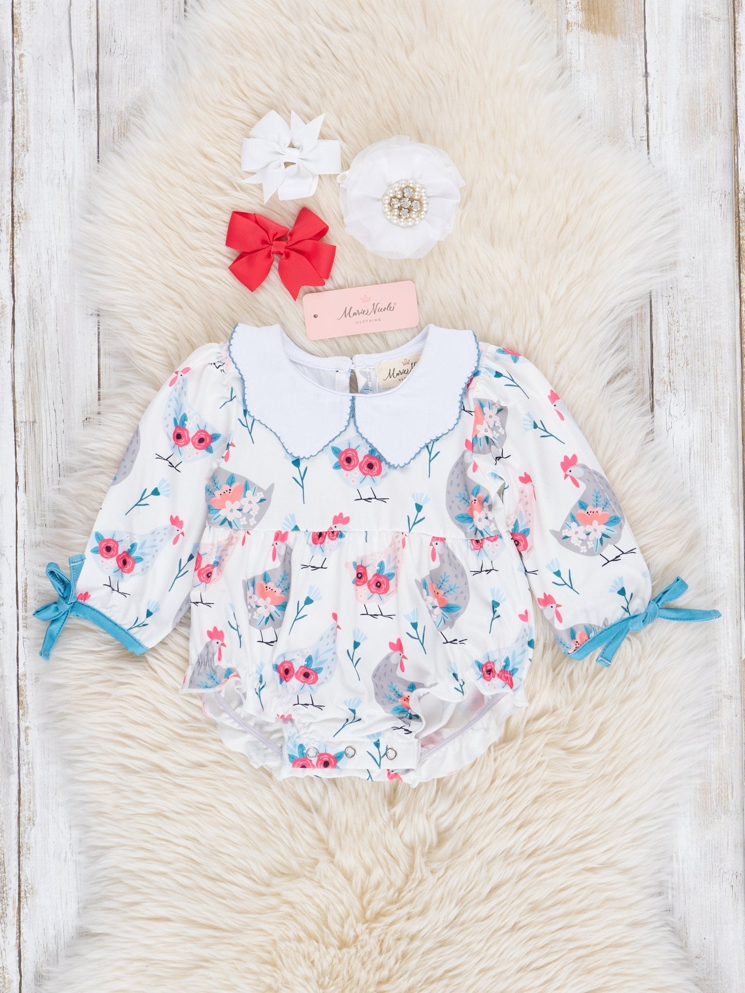 Cream Chicken Garden Bubble Romper - Marie Nicole Clothing