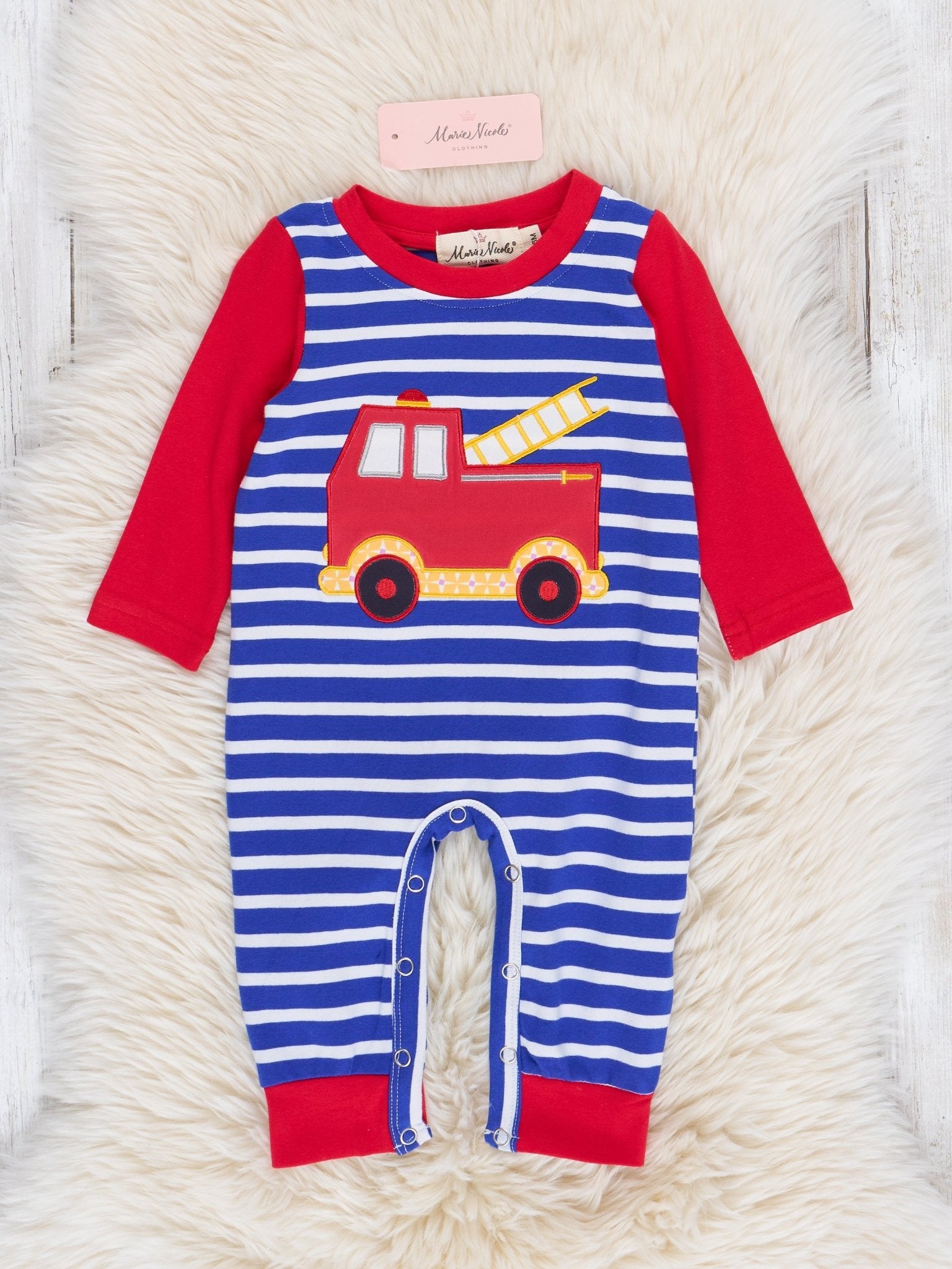 Blue Stripes & Red Fire Engine Romper - Marie Nicole Clothing