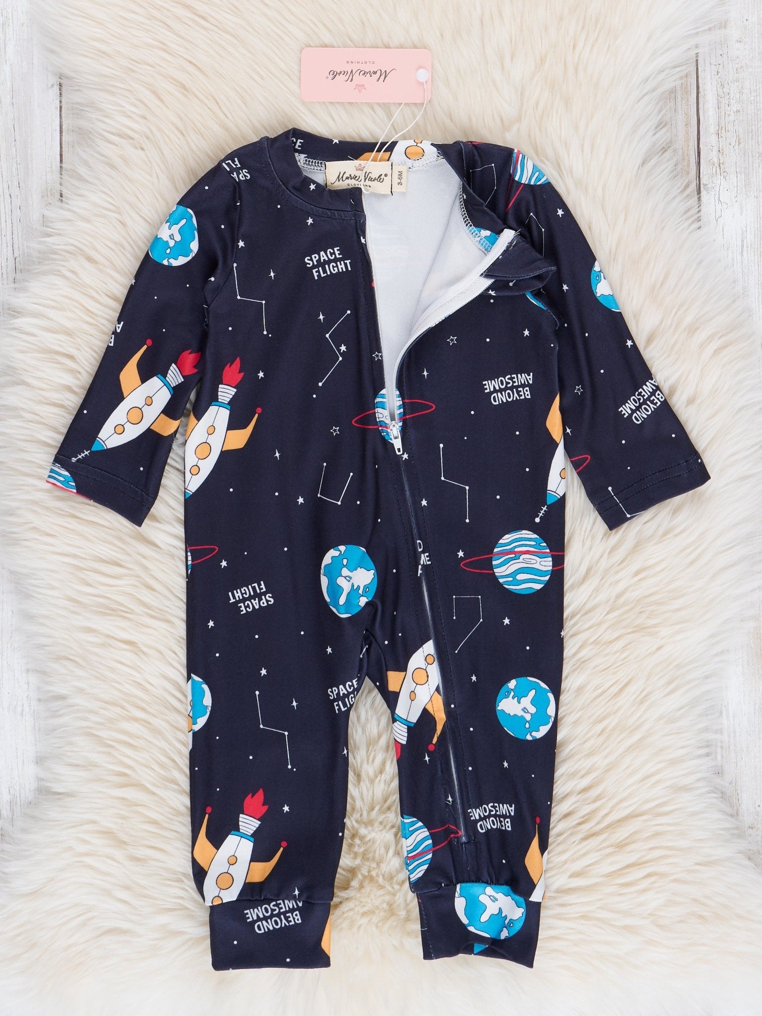 Navy & Red Rocketship Adventure Sleeper Pajamas - Marie Nicole Clothing