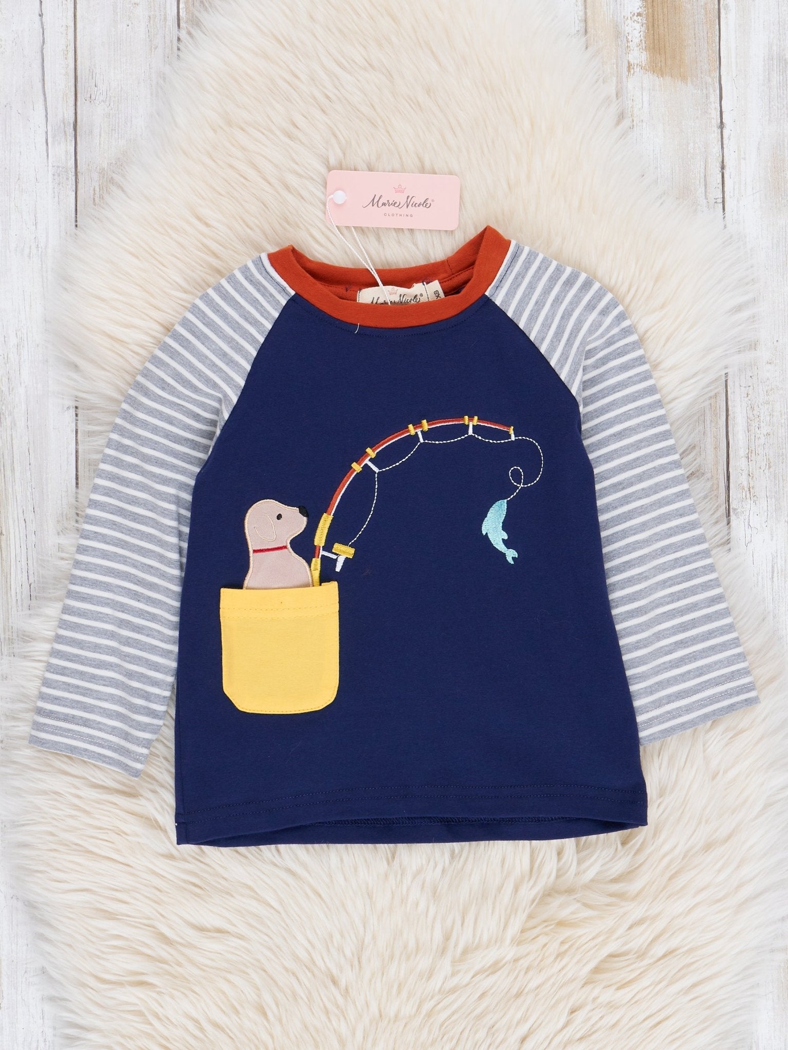 Navy Fishing Puppy Raglan Shirt - Marie Nicole Clothing