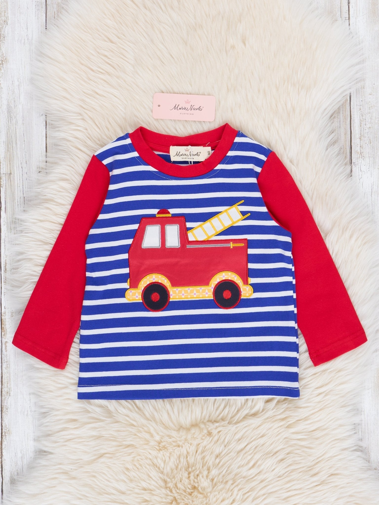 Blue Stripes & Red Fire Engine Shirt - Marie Nicole Clothing