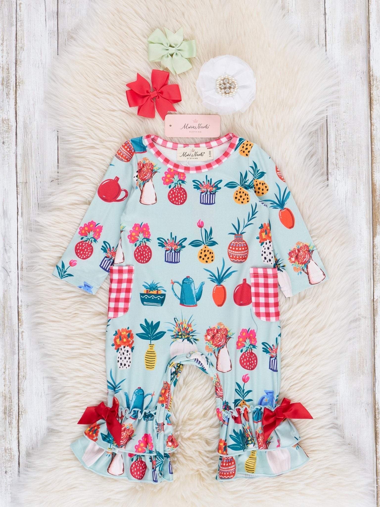 Teal Gardening Gingham Pocket Romper - Marie Nicole Clothing