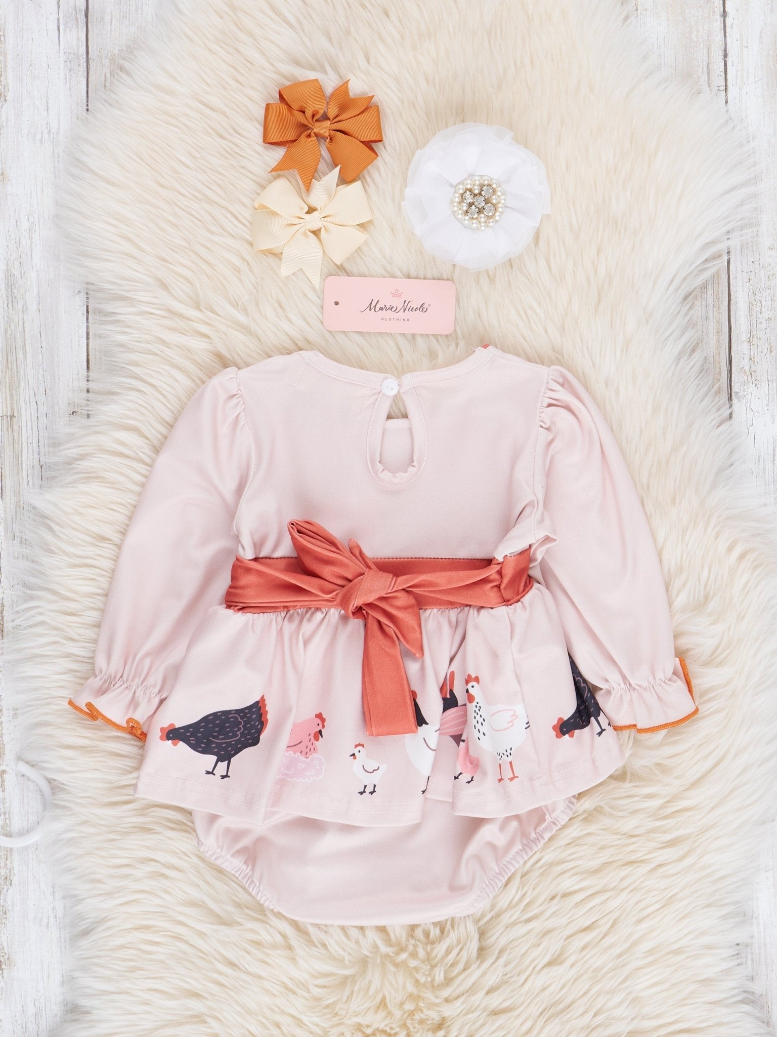 Burnt Orange & Blush Chicken Ruffle Romper - Marie Nicole Clothing
