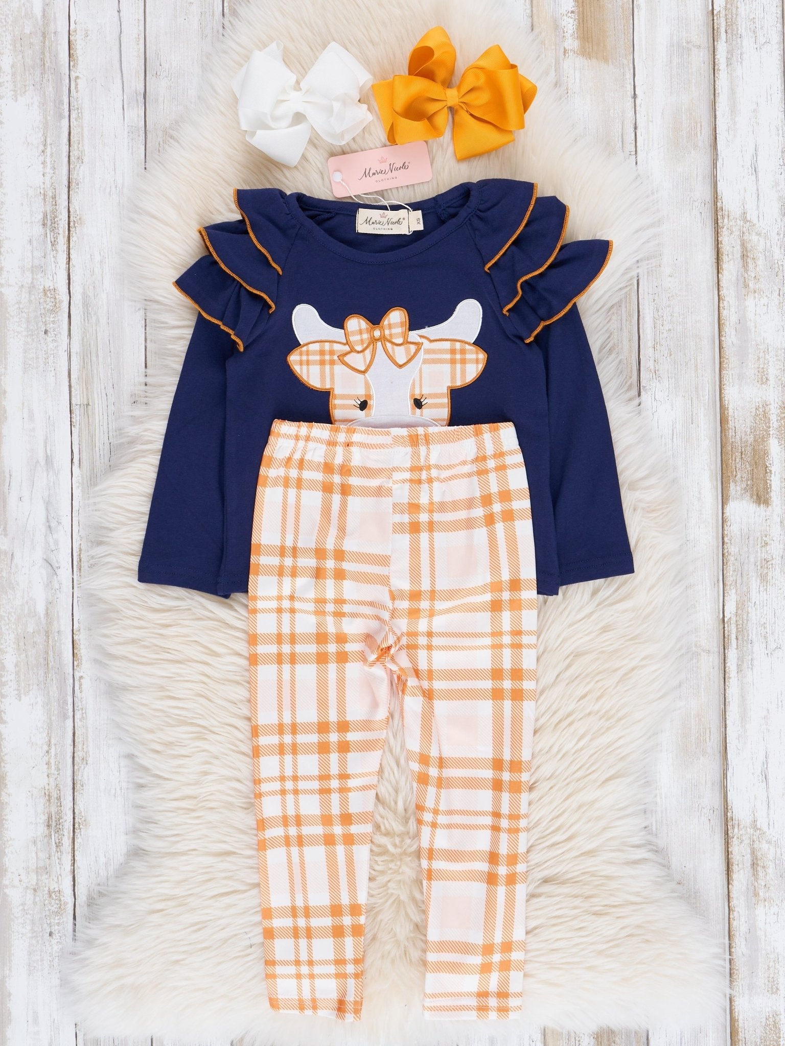 Navy & Orange Plaid Embroidered Cow Ruffle Outfit - Marie Nicole Clothing