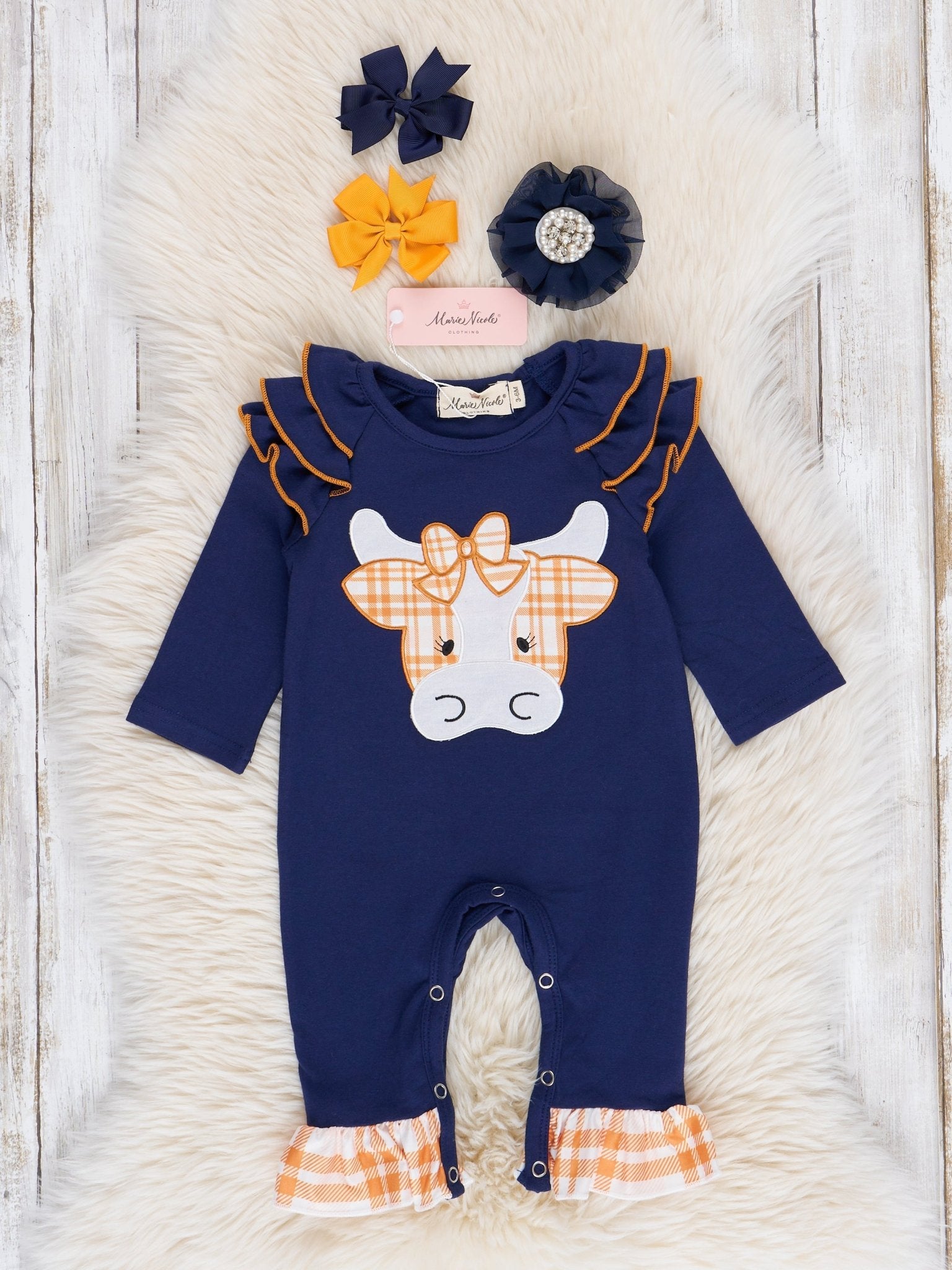 Navy & Orange Plaid Embroidered Cow Ruffle Romper - Marie Nicole Clothing