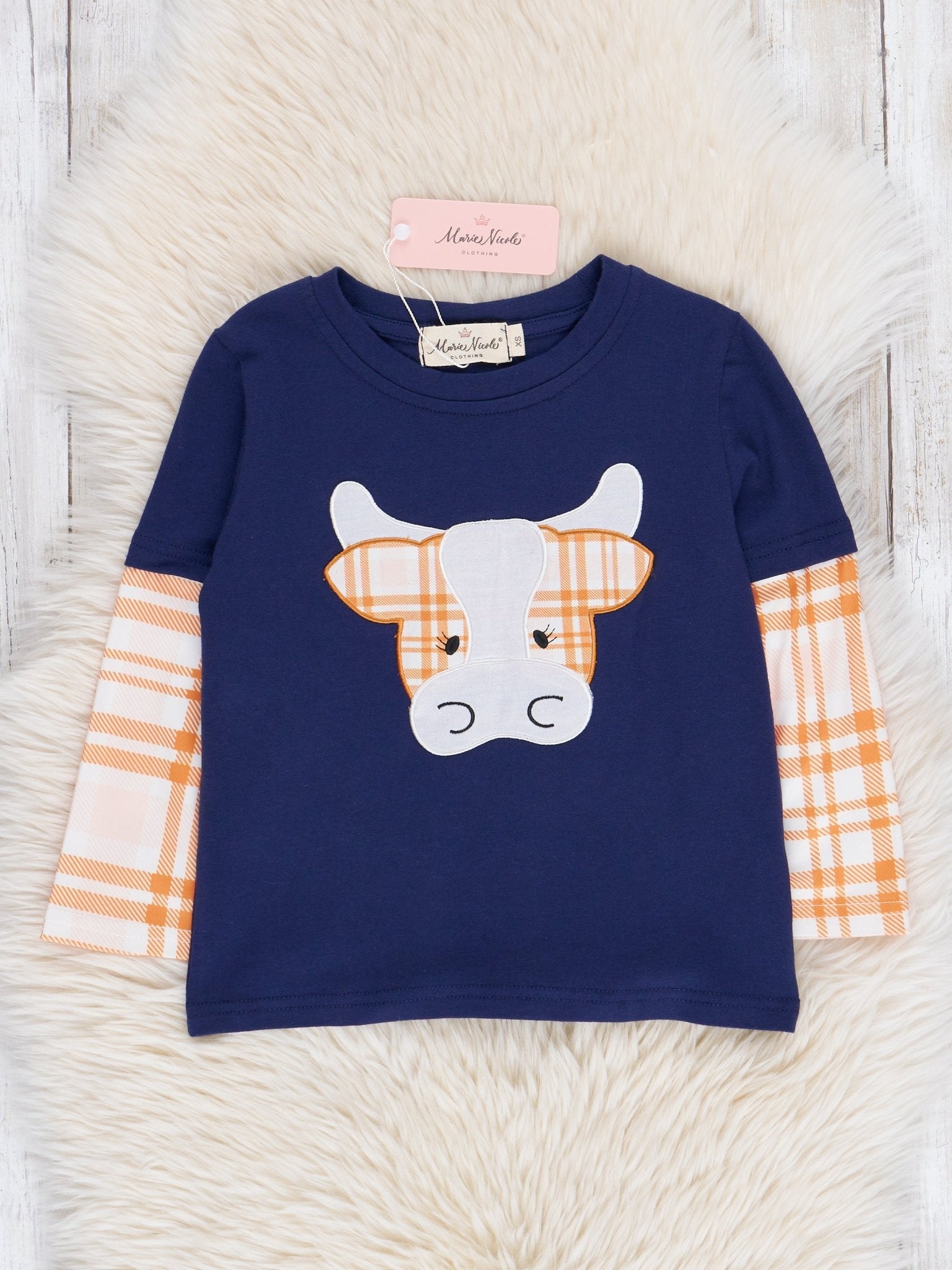 Navy & Orange Plaid Embroidered Cow Shirt - Marie Nicole Clothing