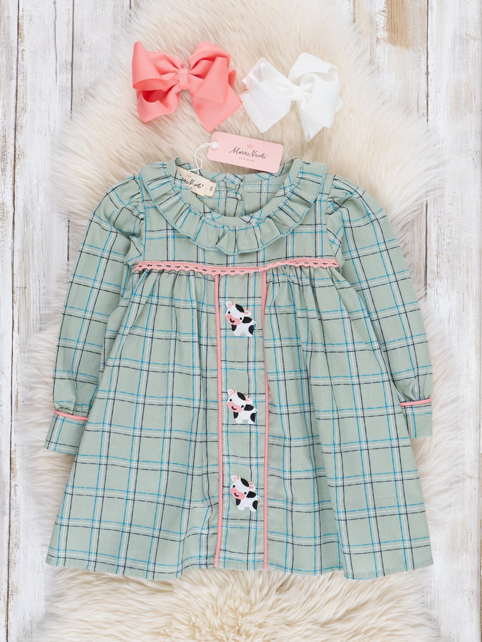 Mint Plaid Embroidered Cow Dress - Marie Nicole Clothing