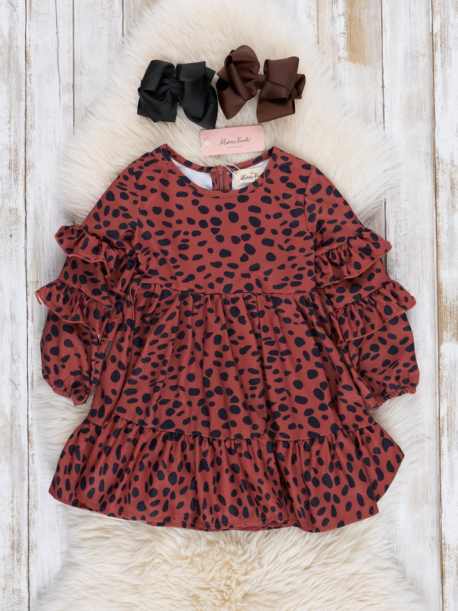 Brown Dalmatian Dots Ruffle Dress - Marie Nicole Clothing