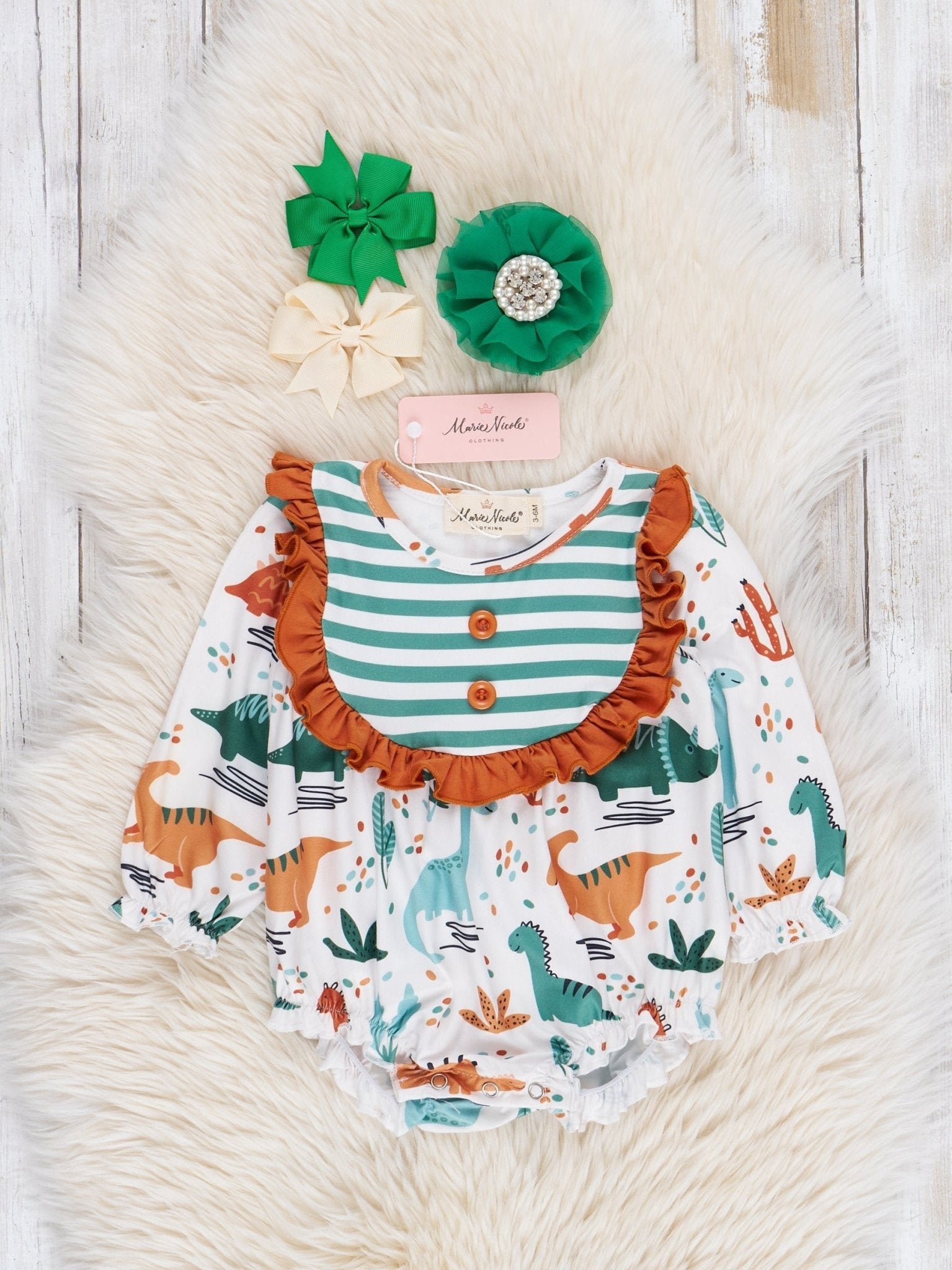 Brown & Olive Dinosaur Ruffle Bubble Romper - Marie Nicole Clothing