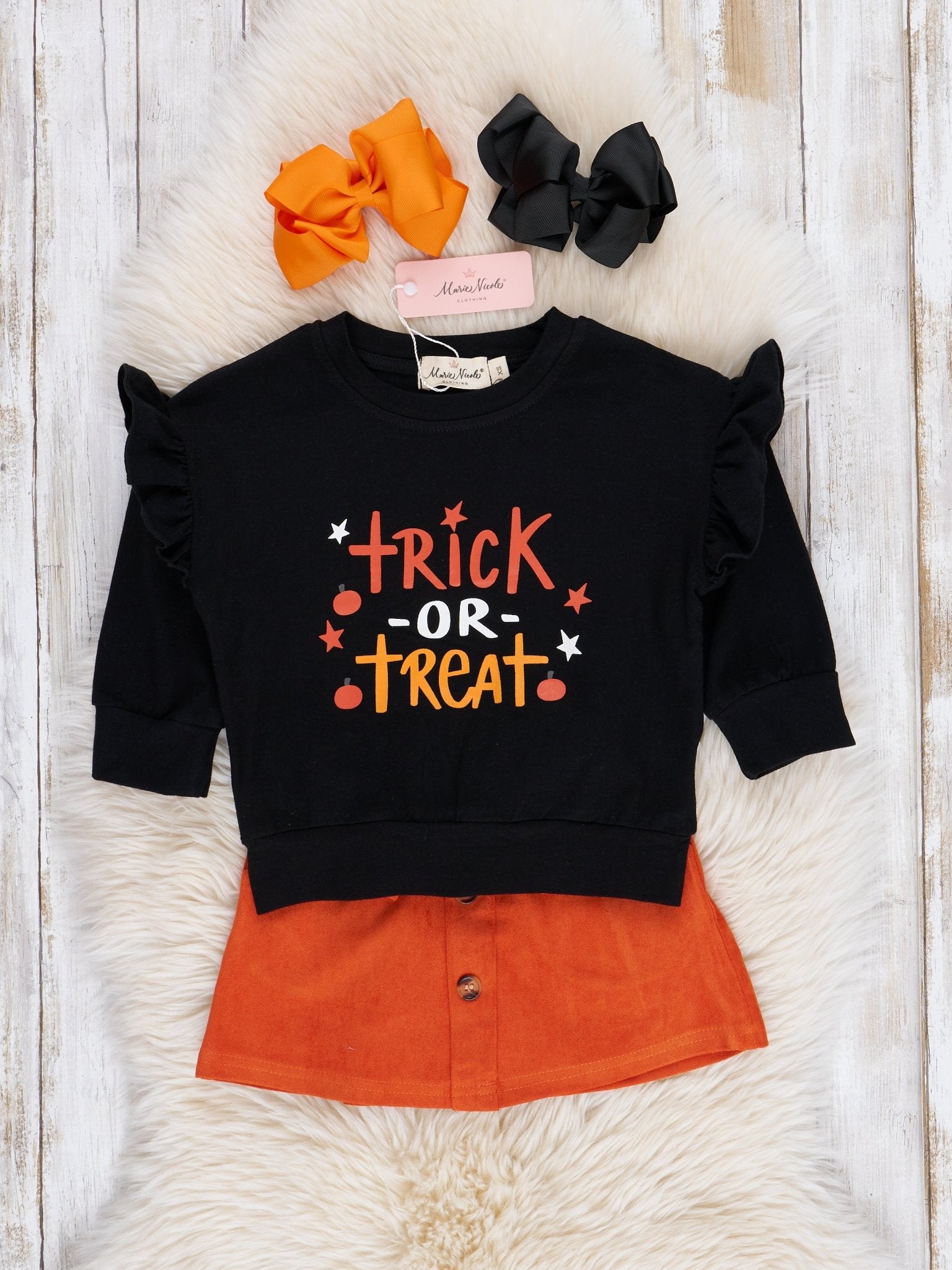 Orange Trick or Treat Ruffle Suede Skirt Set - Marie Nicole Clothing