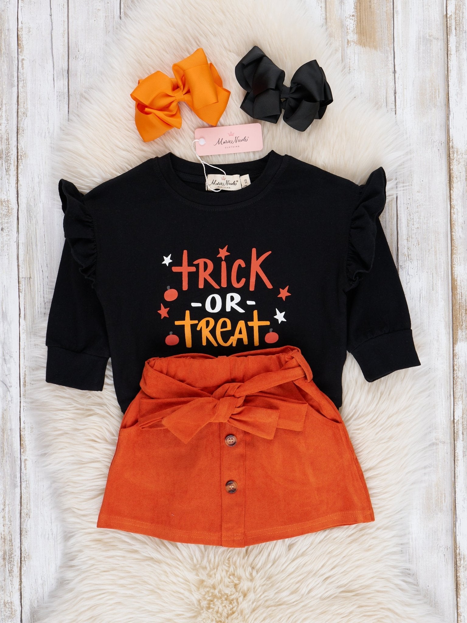 Orange Trick or Treat Ruffle Suede Skirt Set - Marie Nicole Clothing