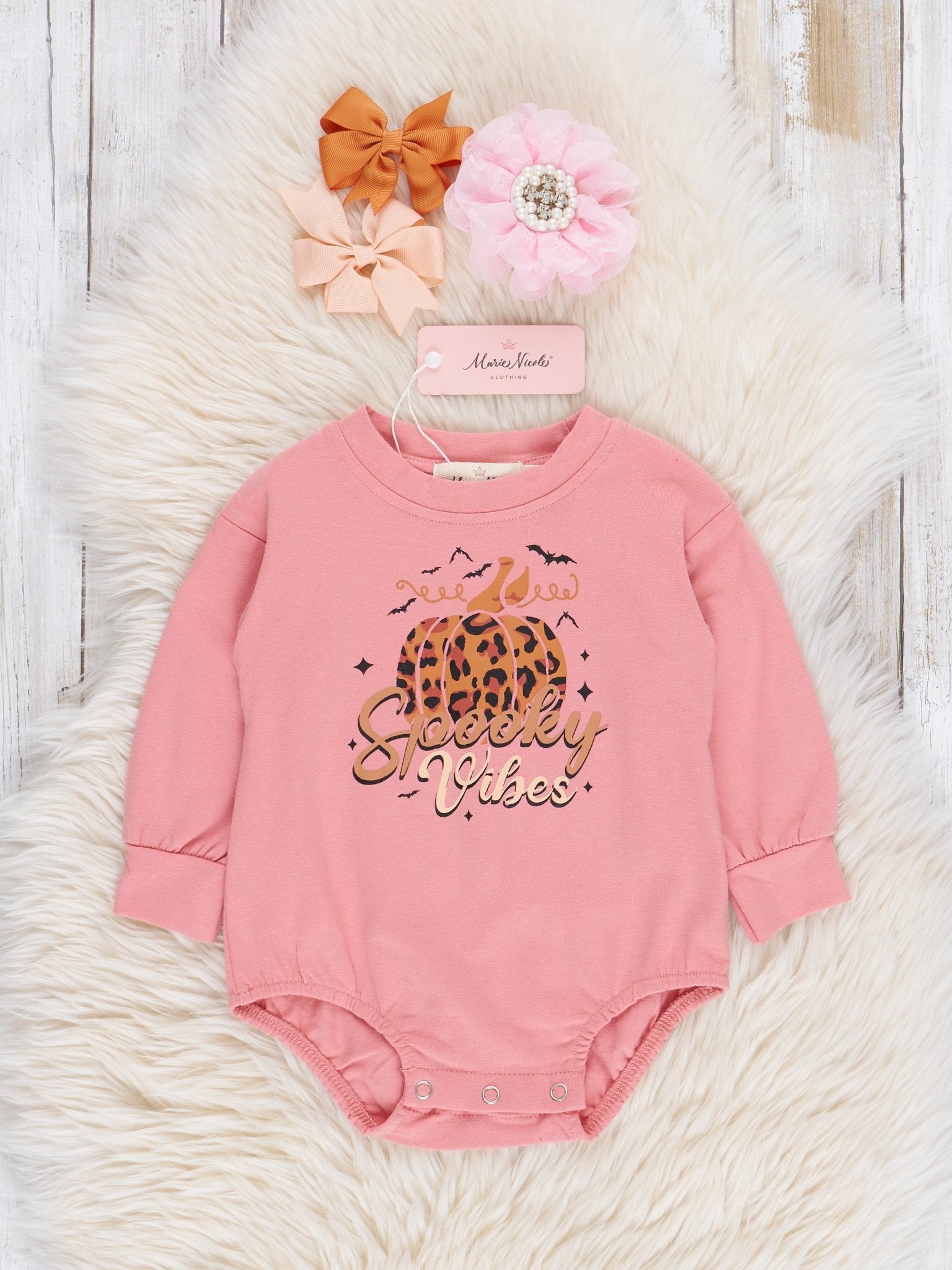 Rose & Leopard Print "Spooky Vibes" Bubble Romper - Marie Nicole Clothing