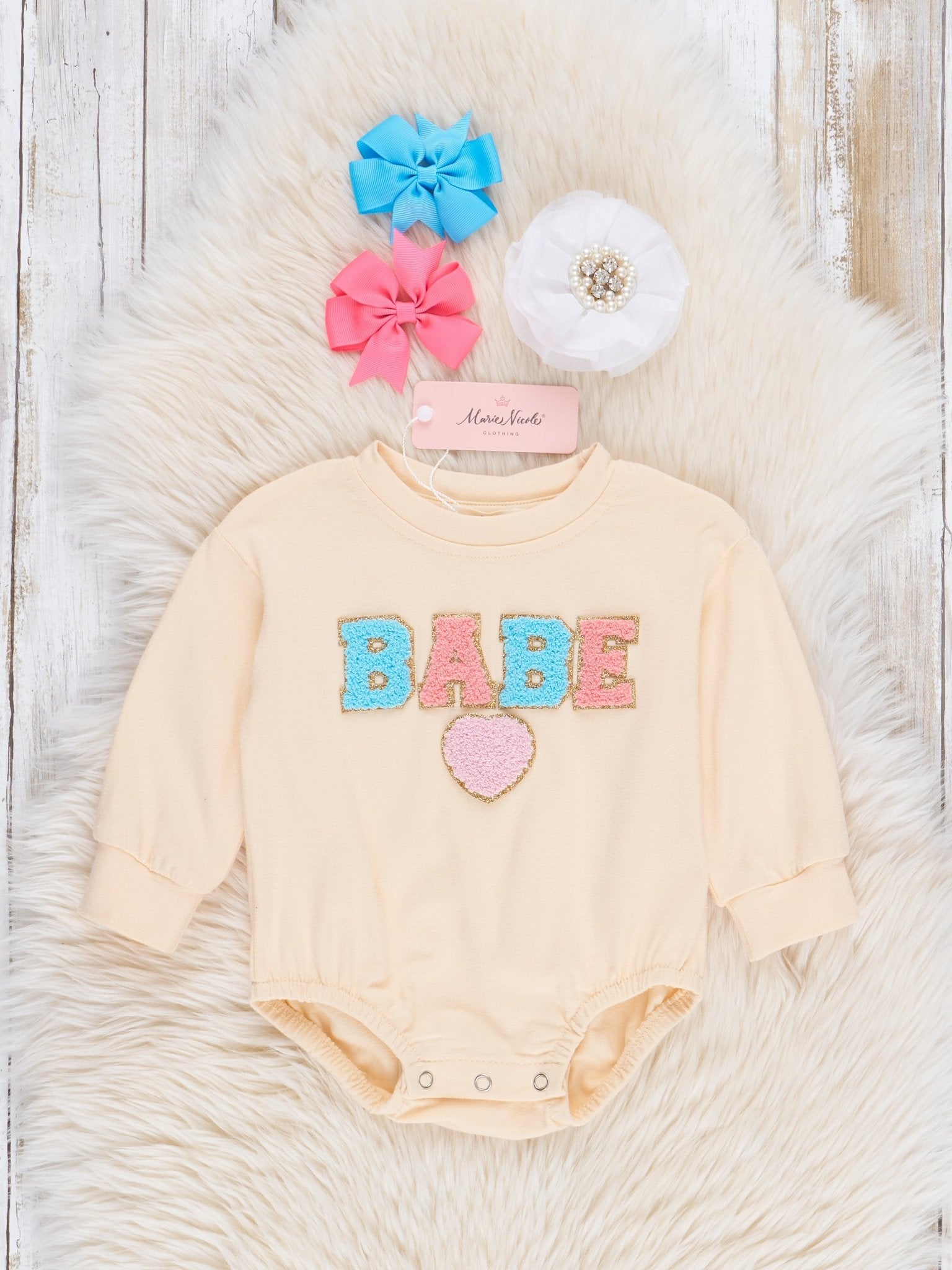 Cream Chenille "Babe" Bubble Romper - Marie Nicole Clothing