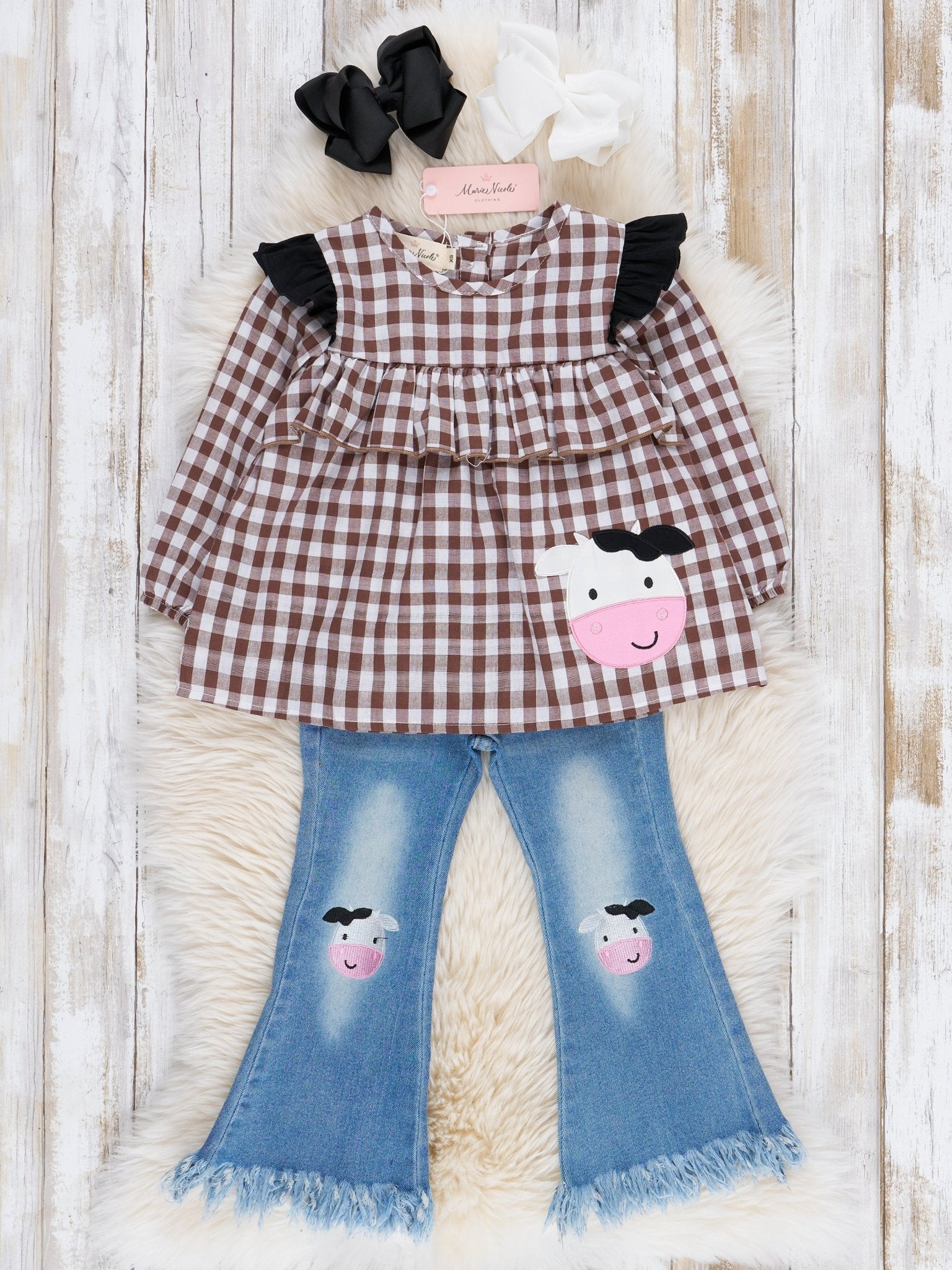 Brown Gingham Cow Denim Outfit - Marie Nicole Clothing
