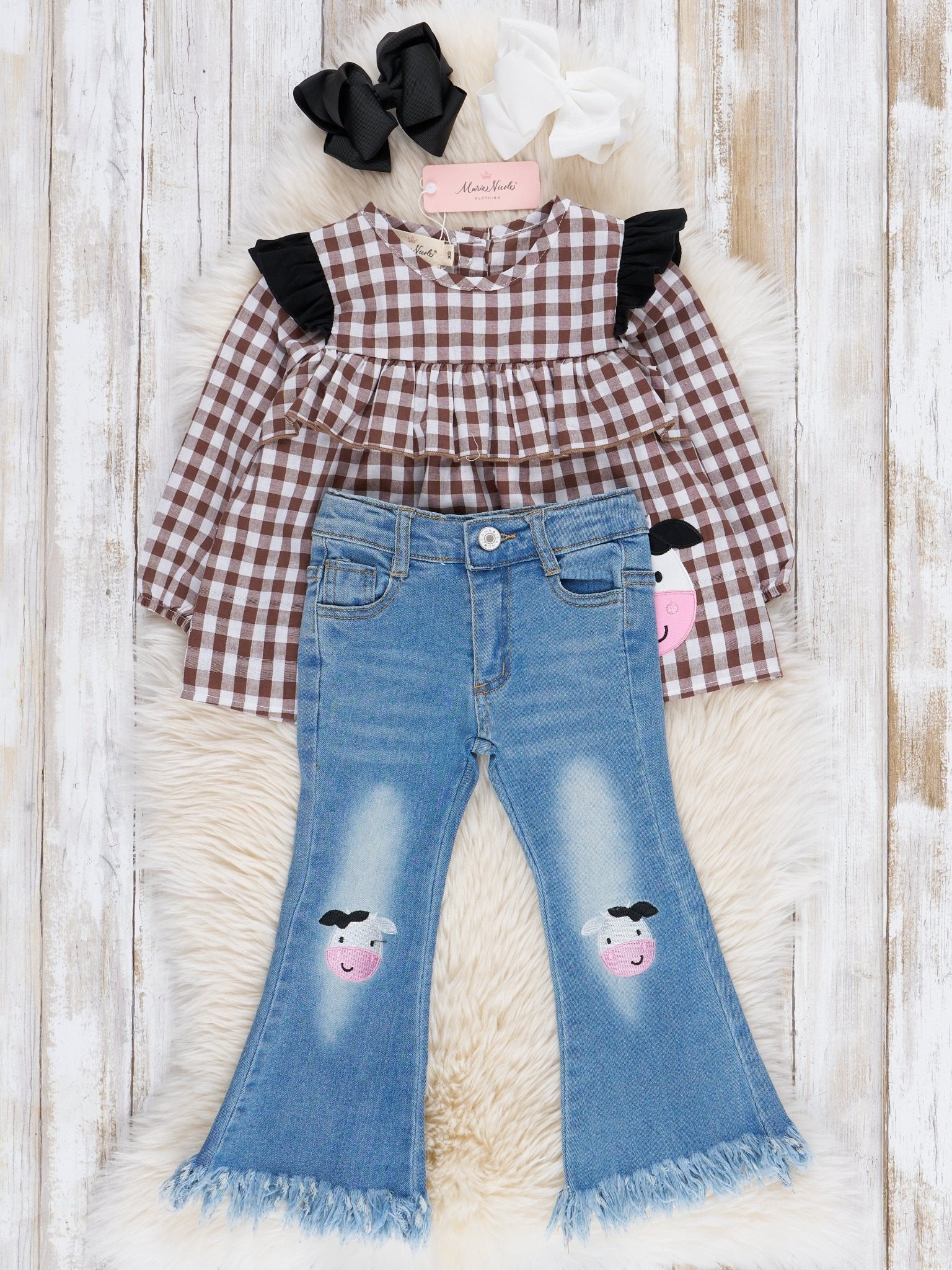 Brown Gingham Cow Denim Outfit - Marie Nicole Clothing