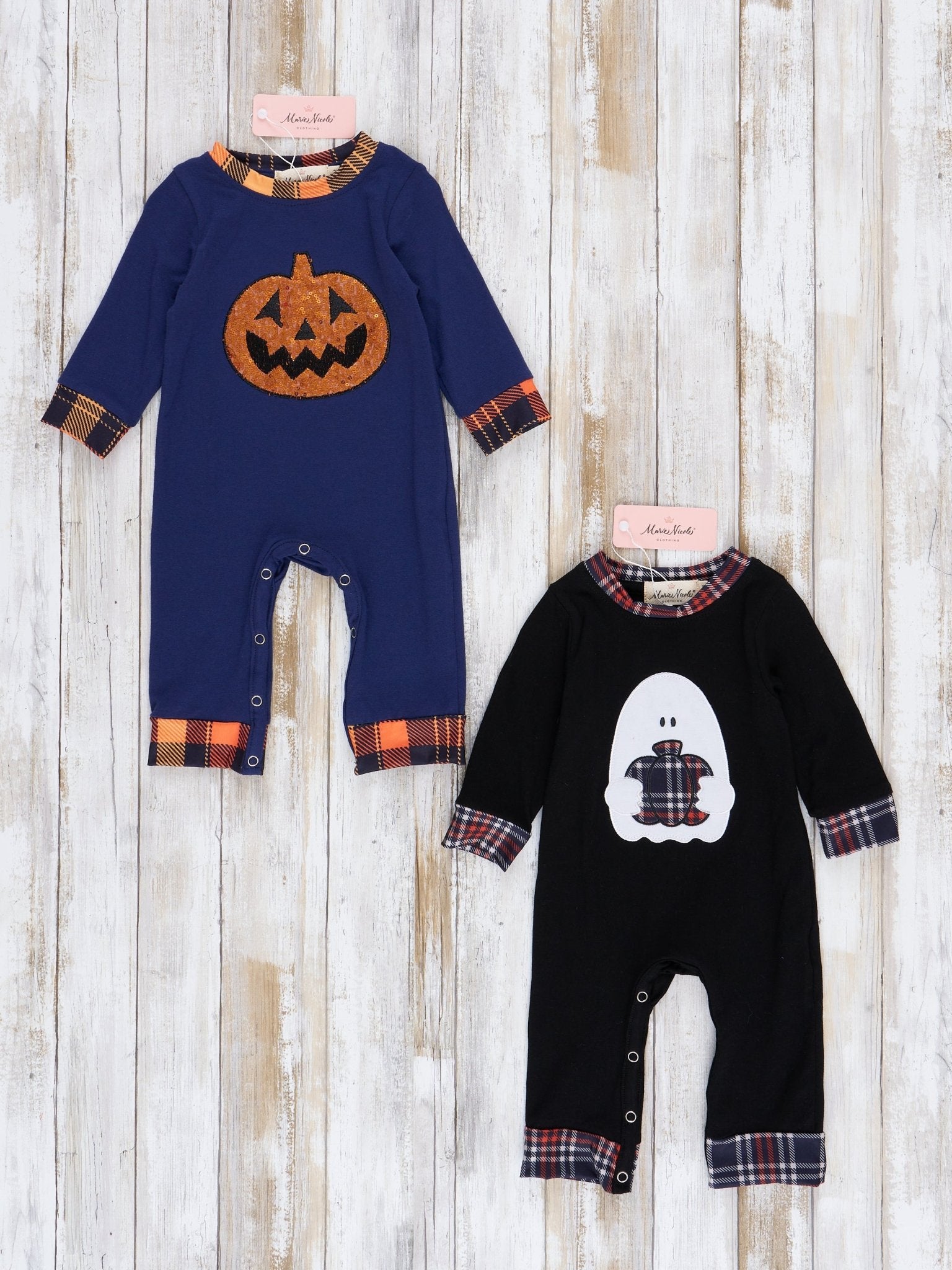 Embroidered Halloween Plaid Romper - Marie Nicole Clothing