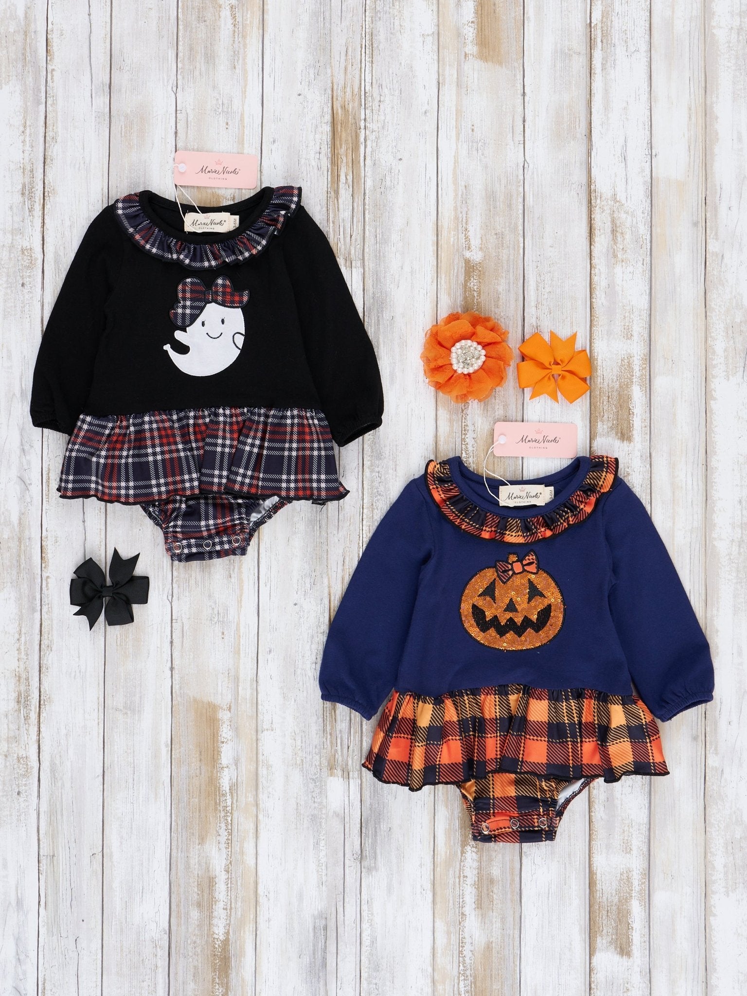 Embroidered Halloween Plaid Ruffle Bubble Romper - Marie Nicole Clothing