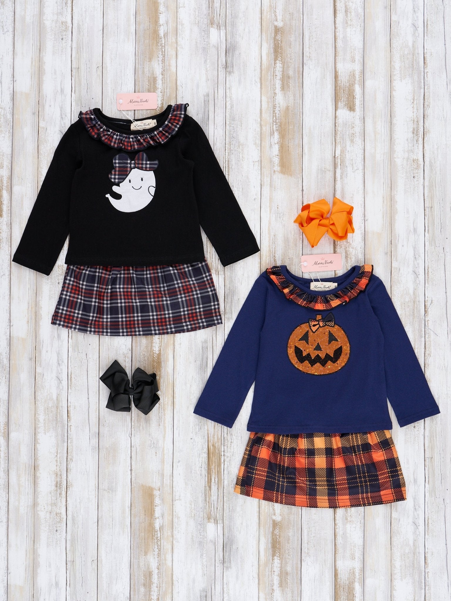 Embroidered Halloween Plaid Ruffle Outfit - Marie Nicole Clothing