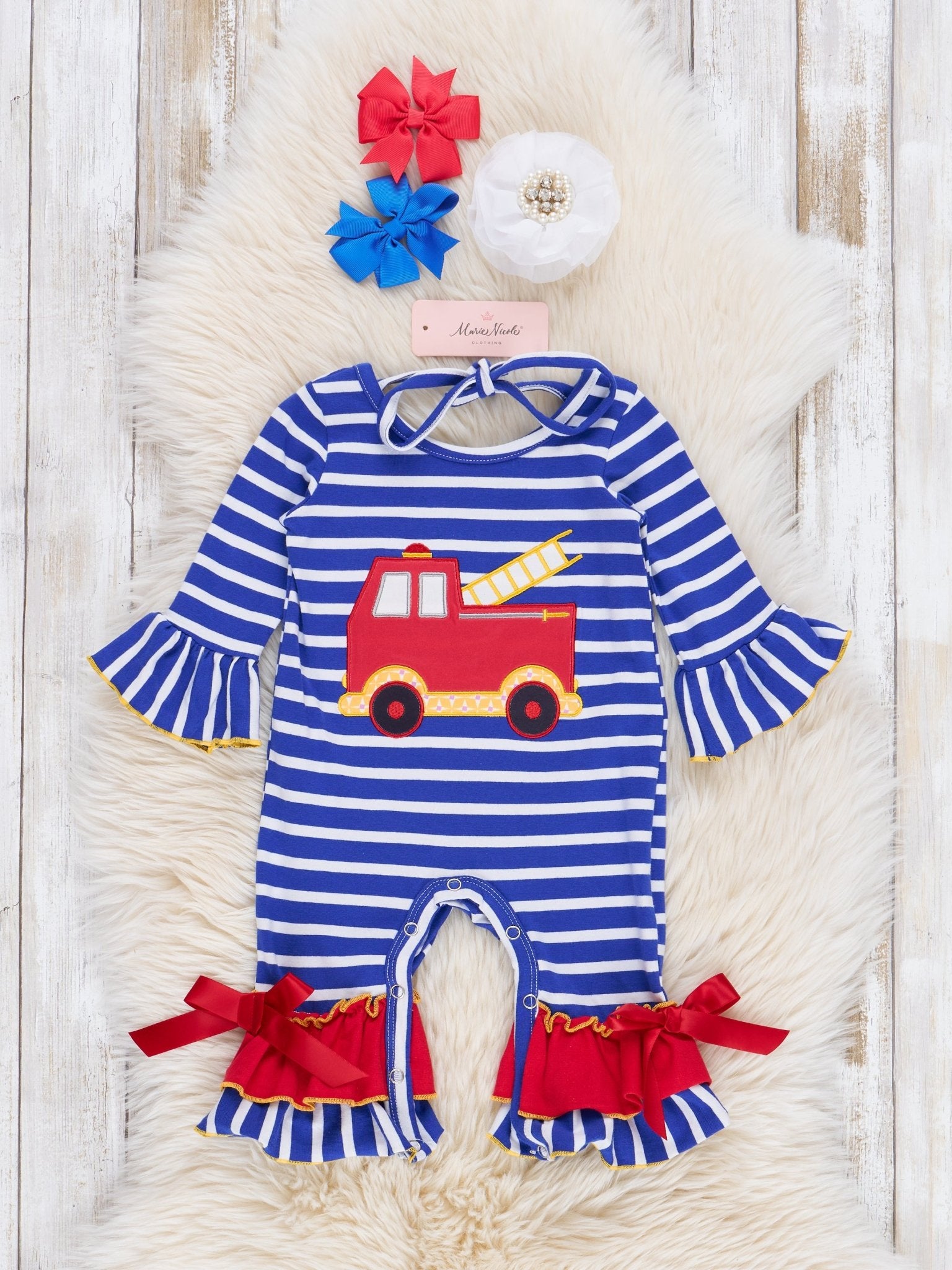 Blue Stripes & Red Fire Engine Ruffle Romper - Marie Nicole Clothing