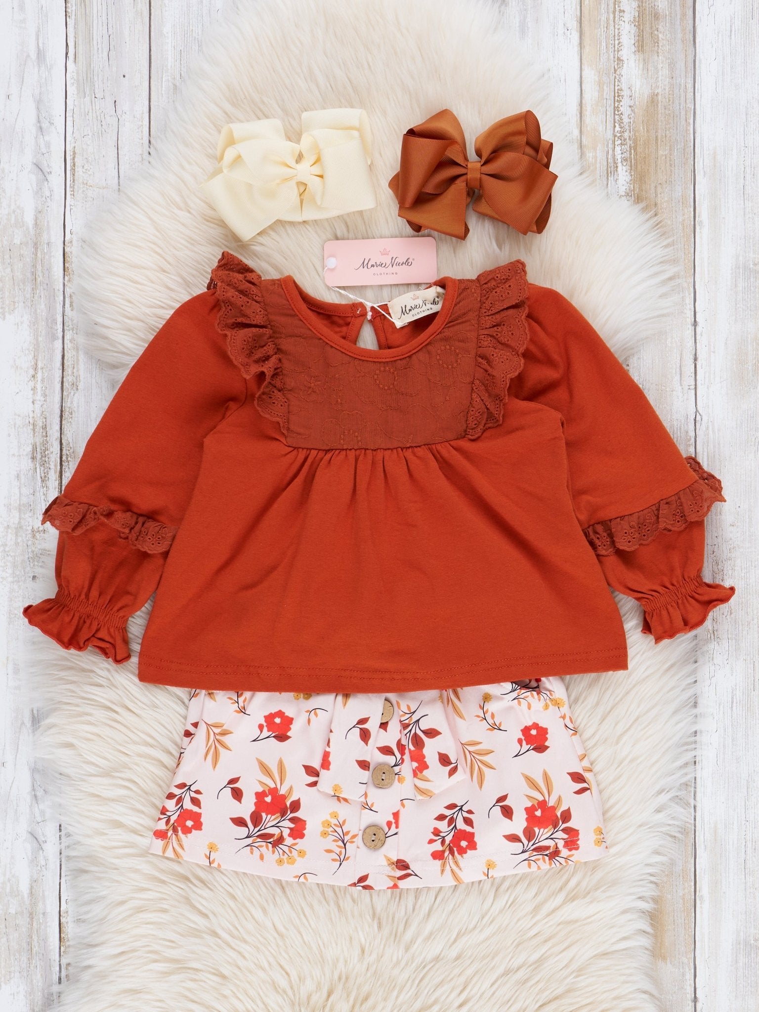 Rust Floral Ruffle Outfit w/ Skirt - Marie Nicole Clothing