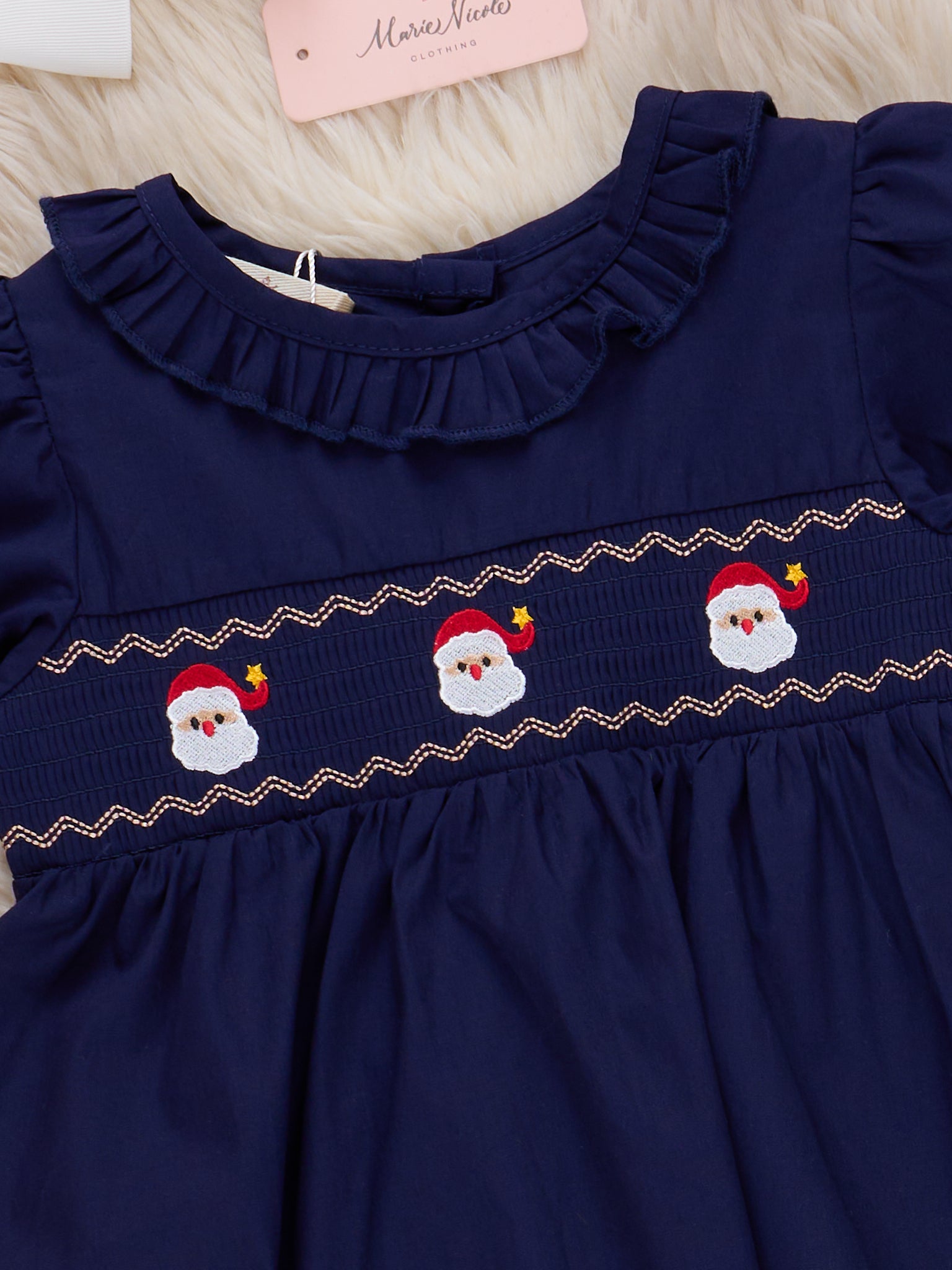 Santa Vintage Smocked Ruffle Romper - Marie Nicole Clothing