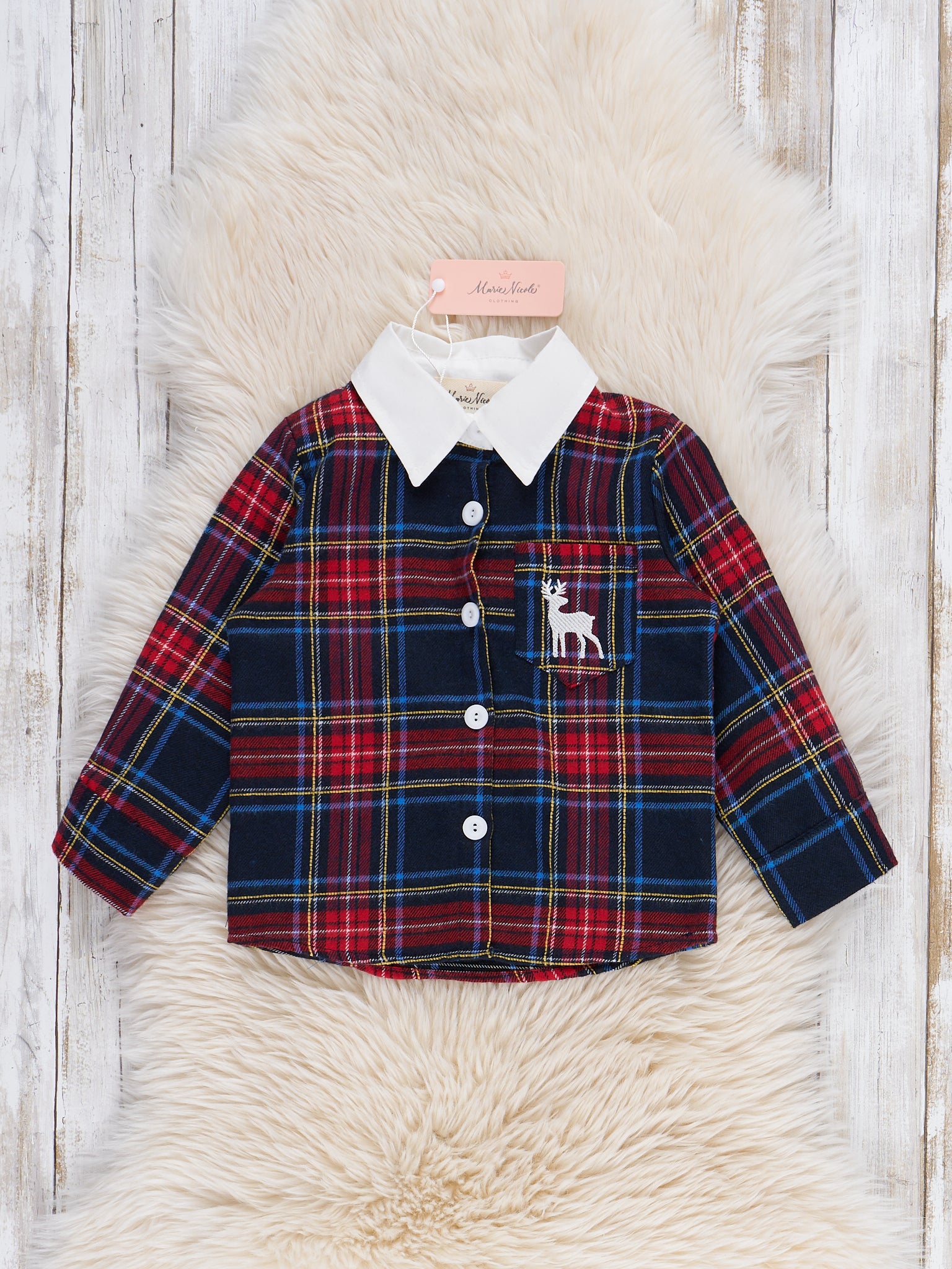 Embroidered Reindeer Plaid Button-Up Shirt - Marie Nicole Clothing