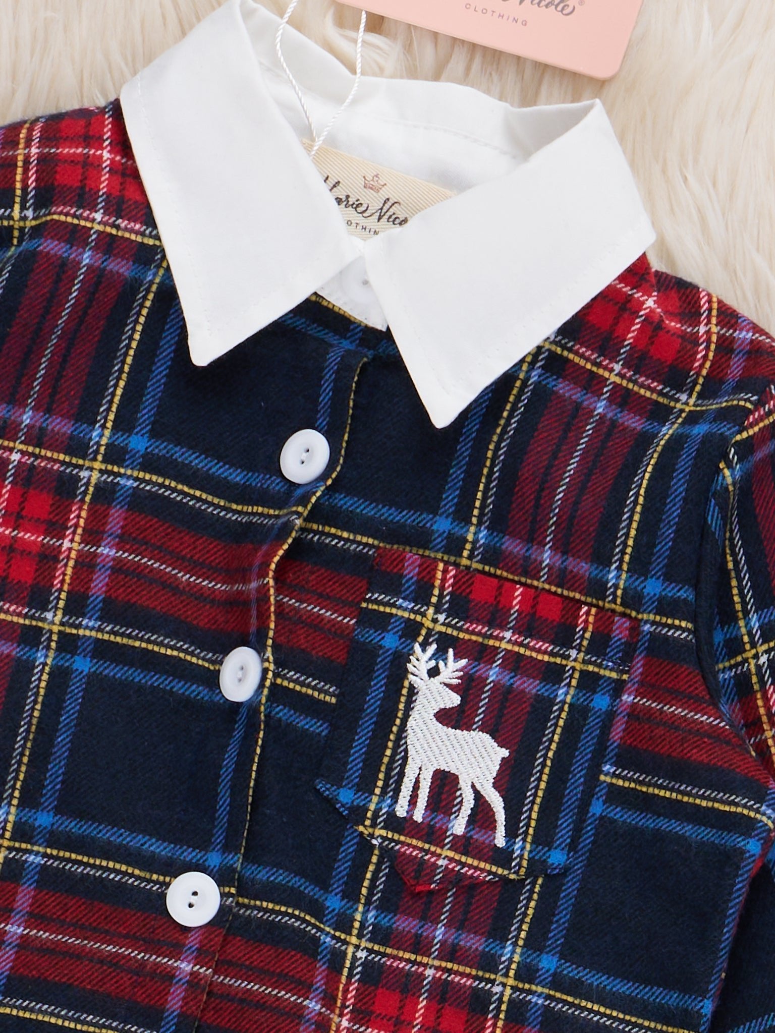 Embroidered Reindeer Plaid Button-Up Shirt - Marie Nicole Clothing