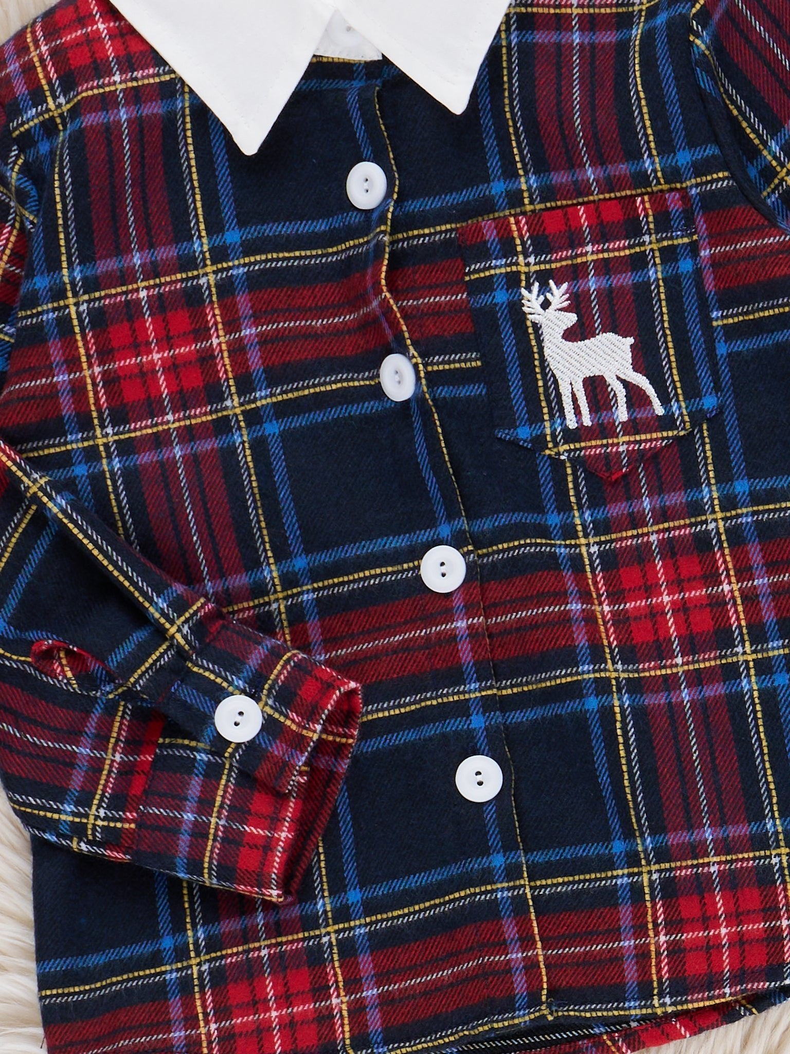 Embroidered Reindeer Plaid Button-Up Shirt - Marie Nicole Clothing