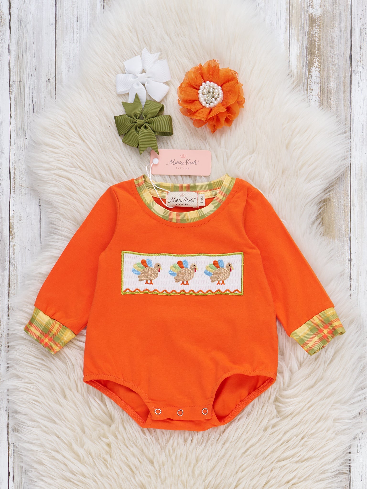 Plaid Smocked Embroidered Turkey Bubble Romper - Marie Nicole Clothing