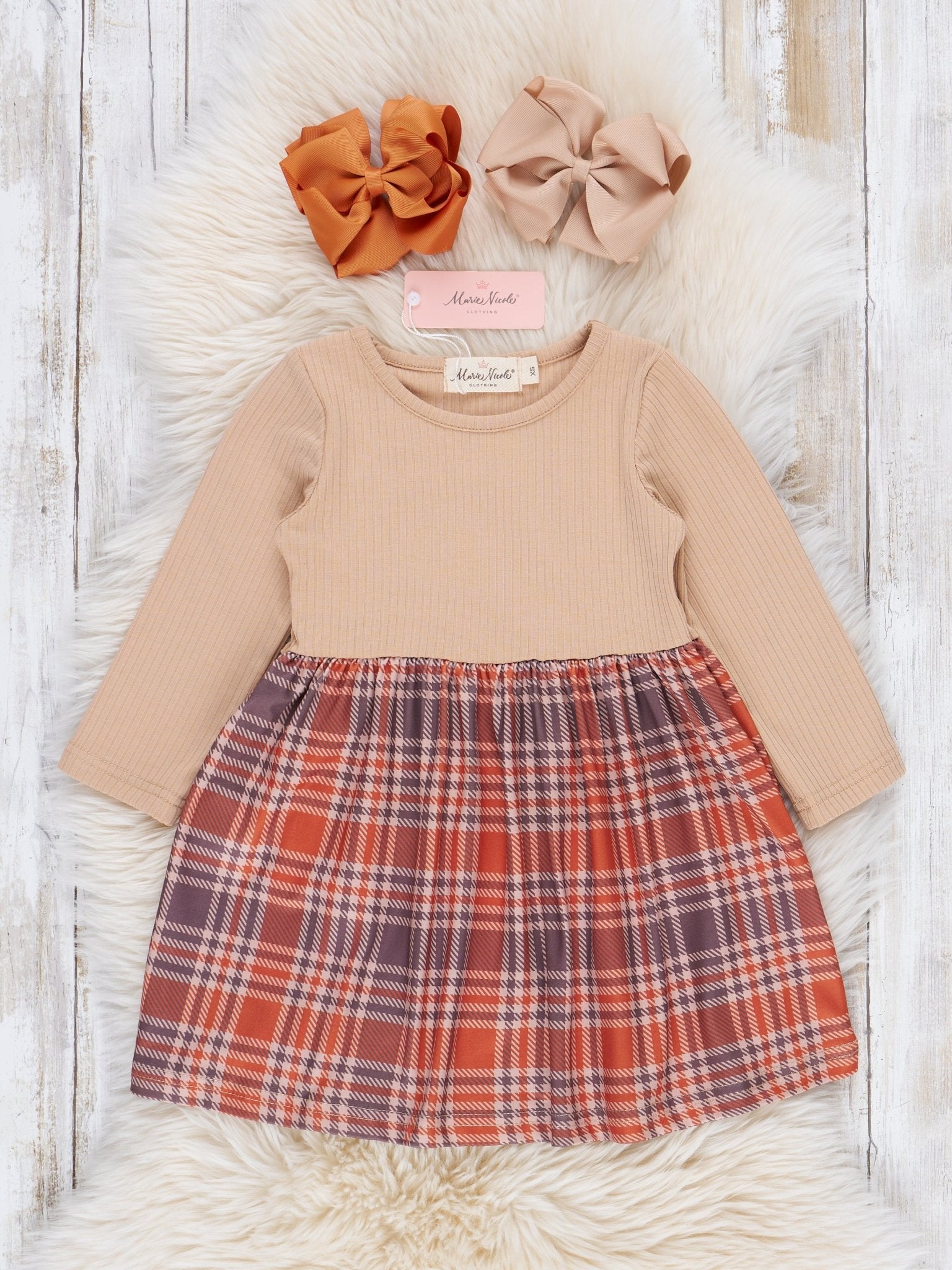 Tan Fall Plaid Dress - Marie Nicole Clothing