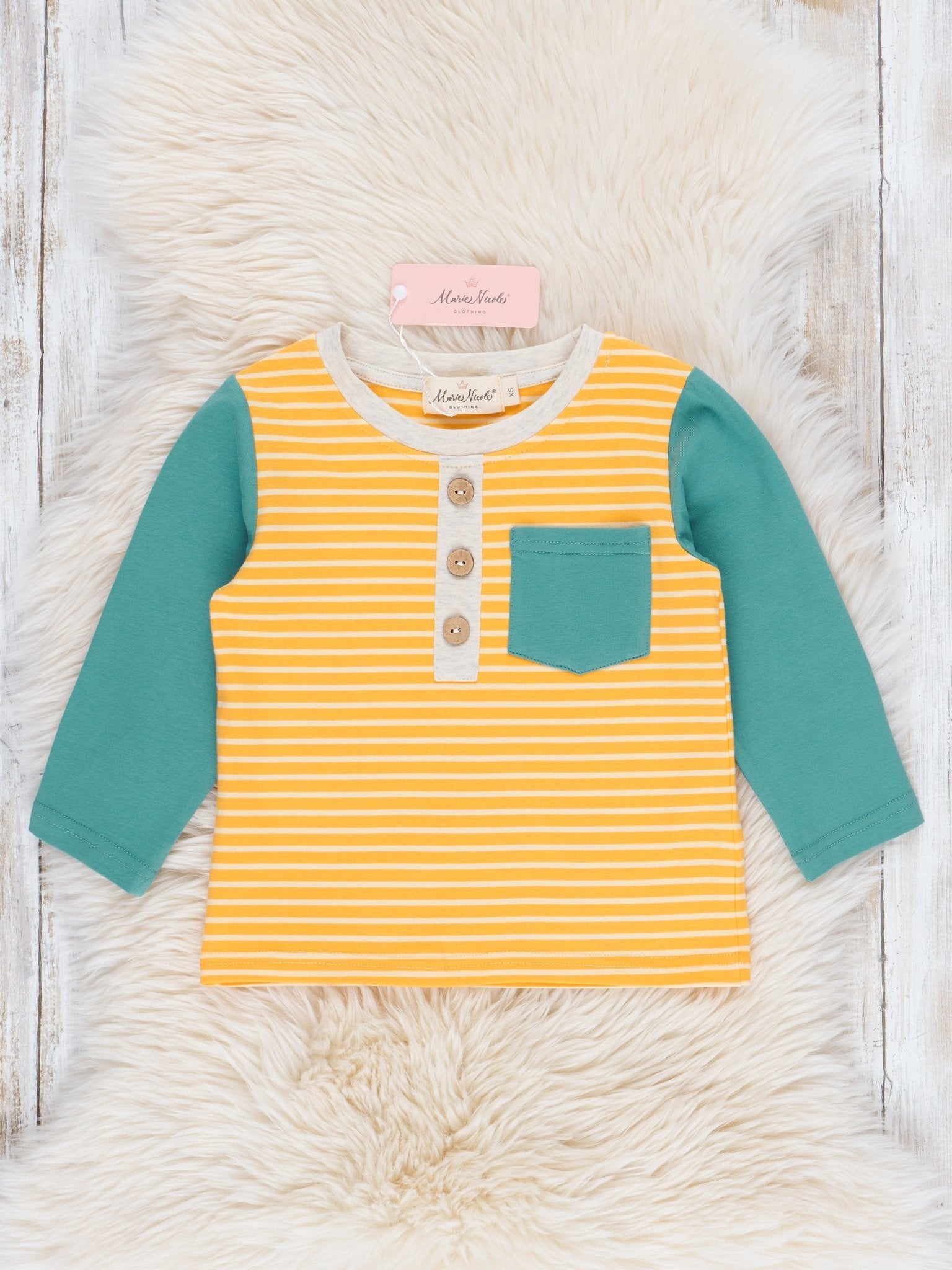 Turquoise & Yellow Stripes Pocket Raglan Shirt - Marie Nicole Clothing